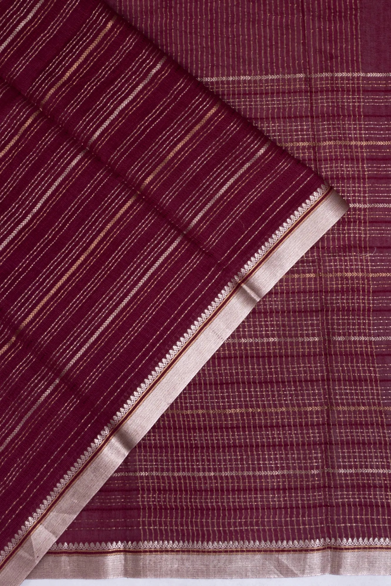 Tussar Half And Half Plain And Lines Burgundy Saree