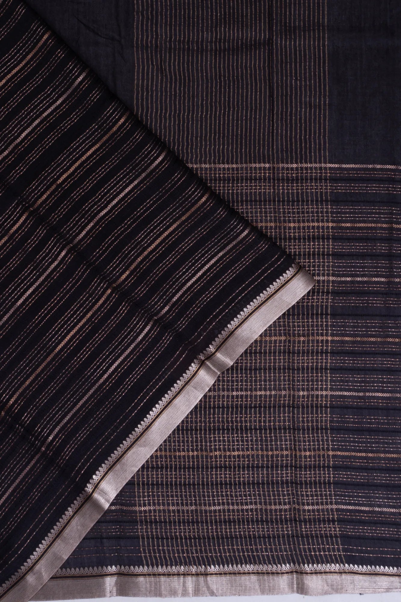 Tussar Half And Half Plain And Lines Black Saree