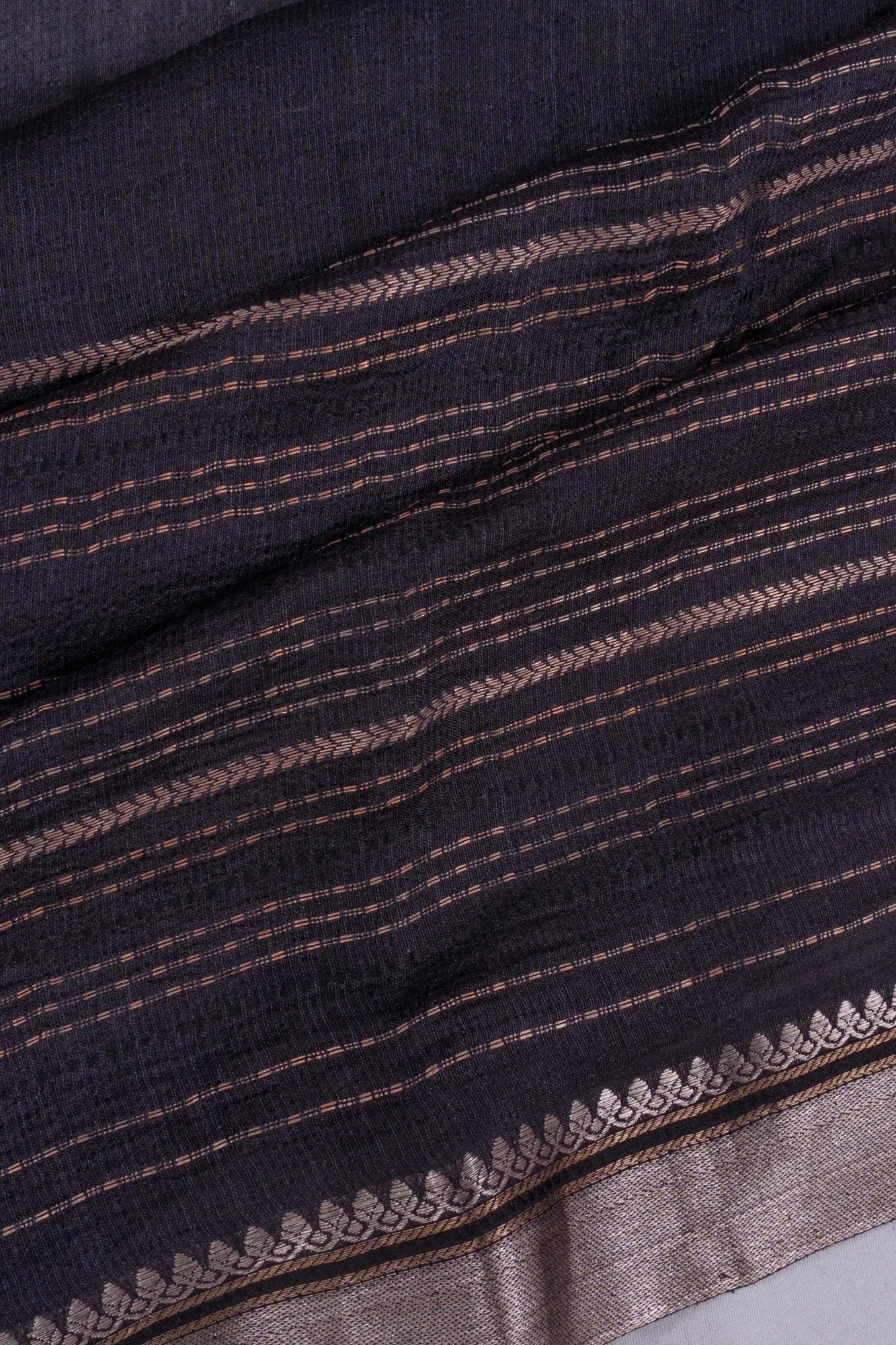 Tussar Half And Half Plain And Lines Black Saree