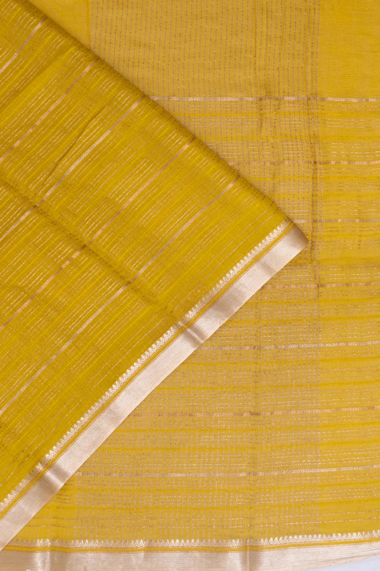 Tussar Half And Half Plain And Lines Yellow Saree