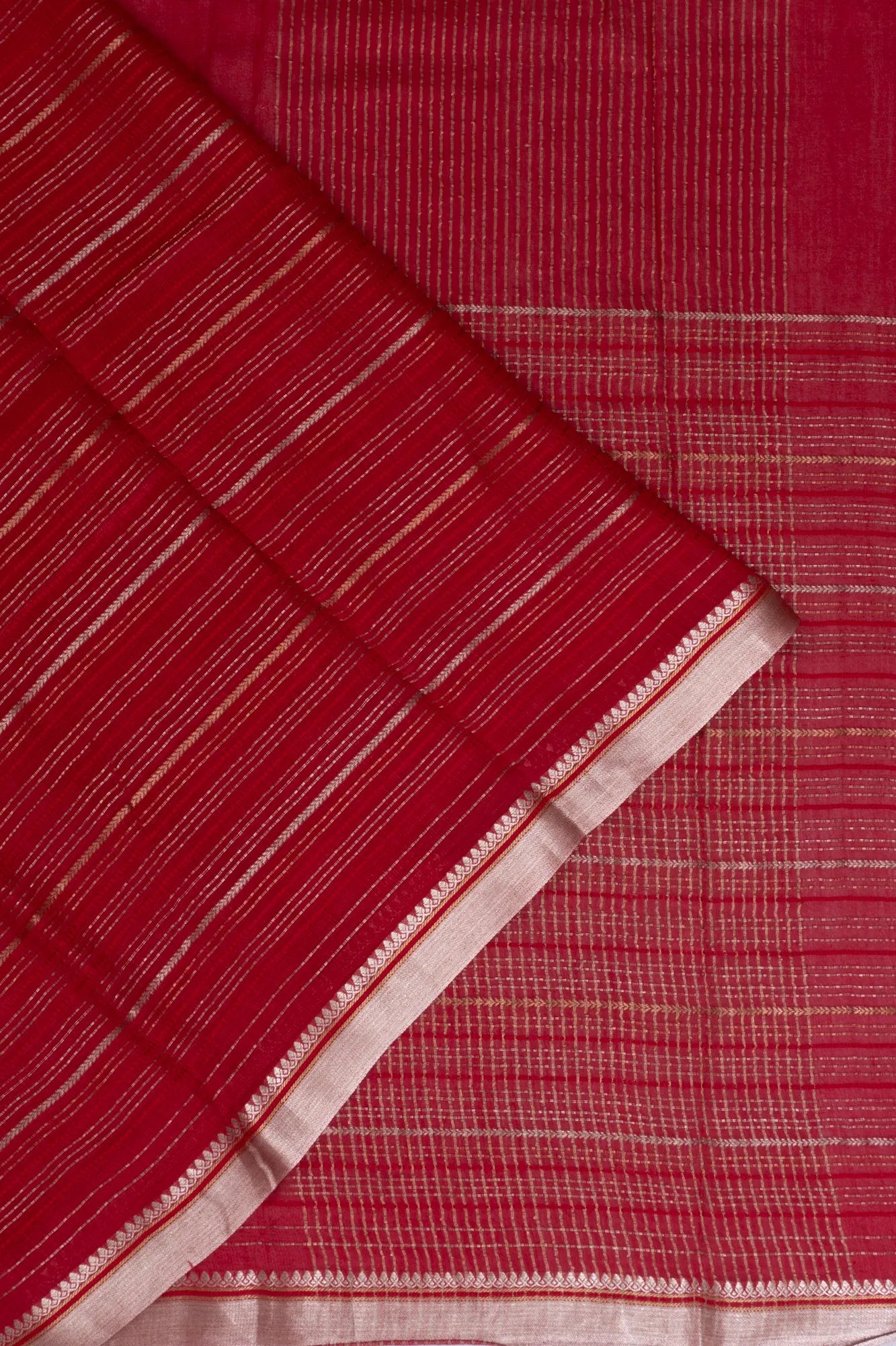 Tussar Half And Half Plain And Lines Red Saree