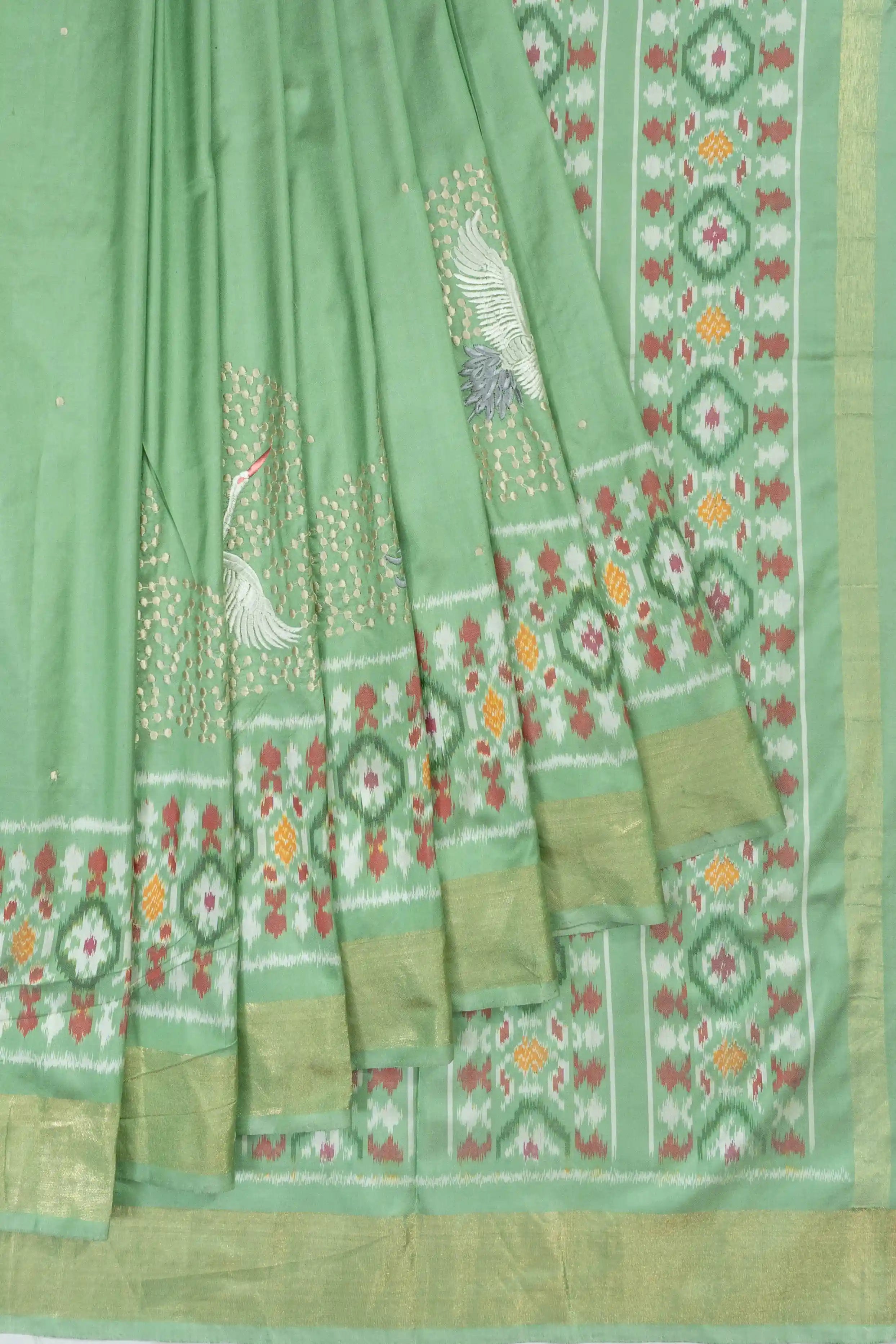 Pochampally Silk Ikat Pista Green Saree With Embroidery