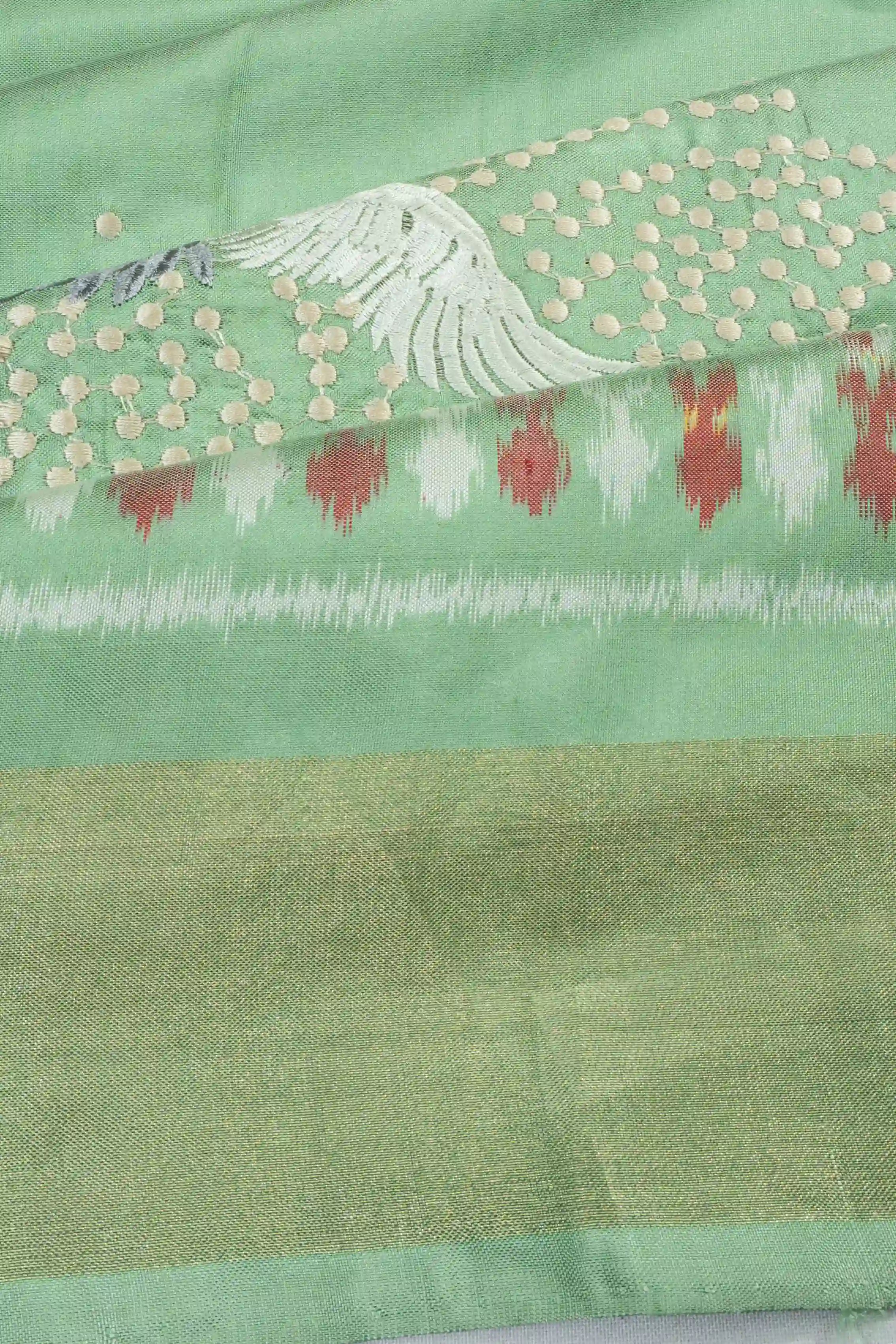 Pochampally Silk Ikat Pista Green Saree With Embroidery