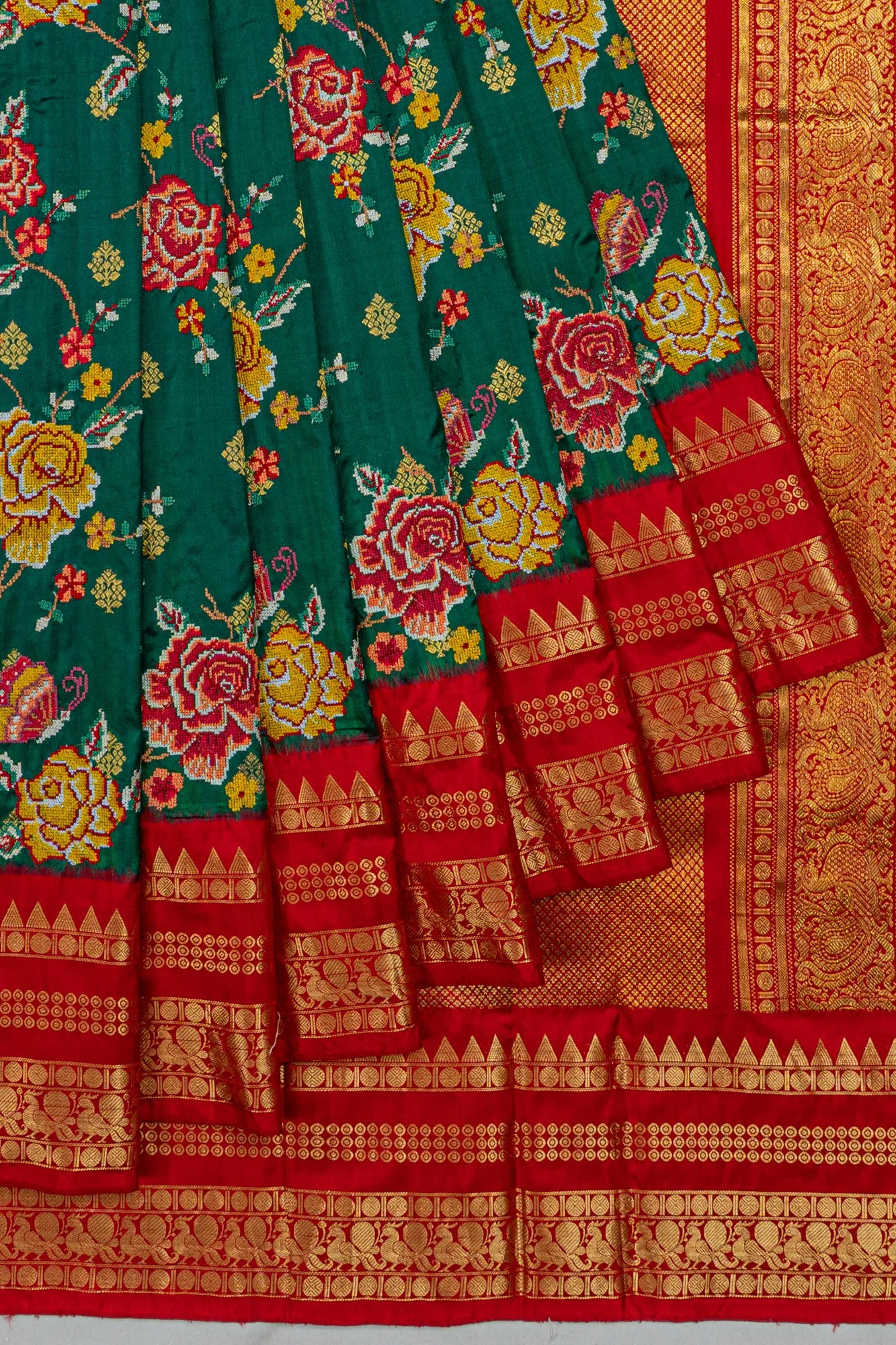 Kanchipuram Silk Floral Embroidery And Butta Green Saree With Ikat Blouse