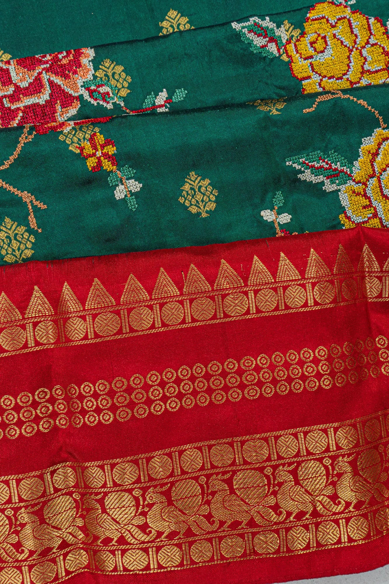 Kanchipuram Silk Floral Embroidery And Butta Green Saree With Ikat Blouse