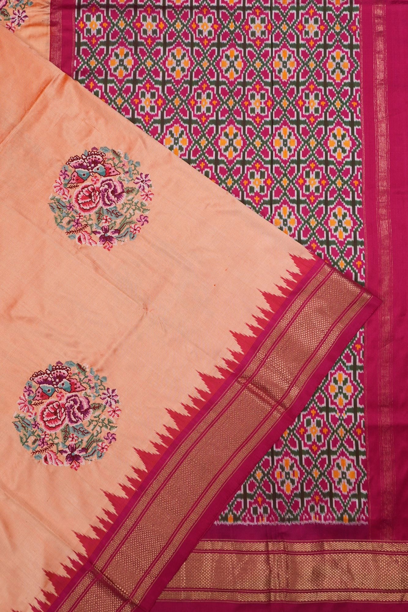 Kanchipuram Silk Twill Embroidery Butta Pastel Orange Saree With Ikat Blouse