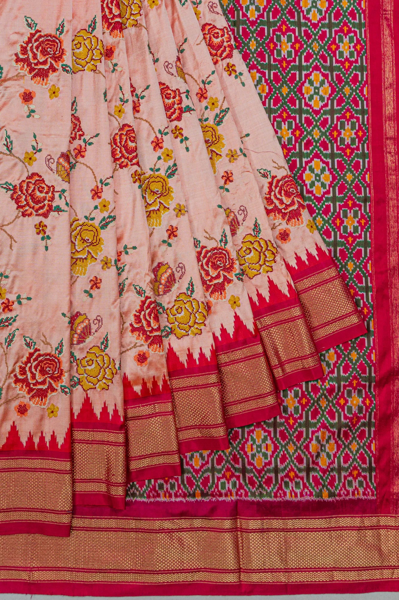 Kanchipuram Silk Ikat Floral Embroidery Baby Pink Saree With Ikat Blouse