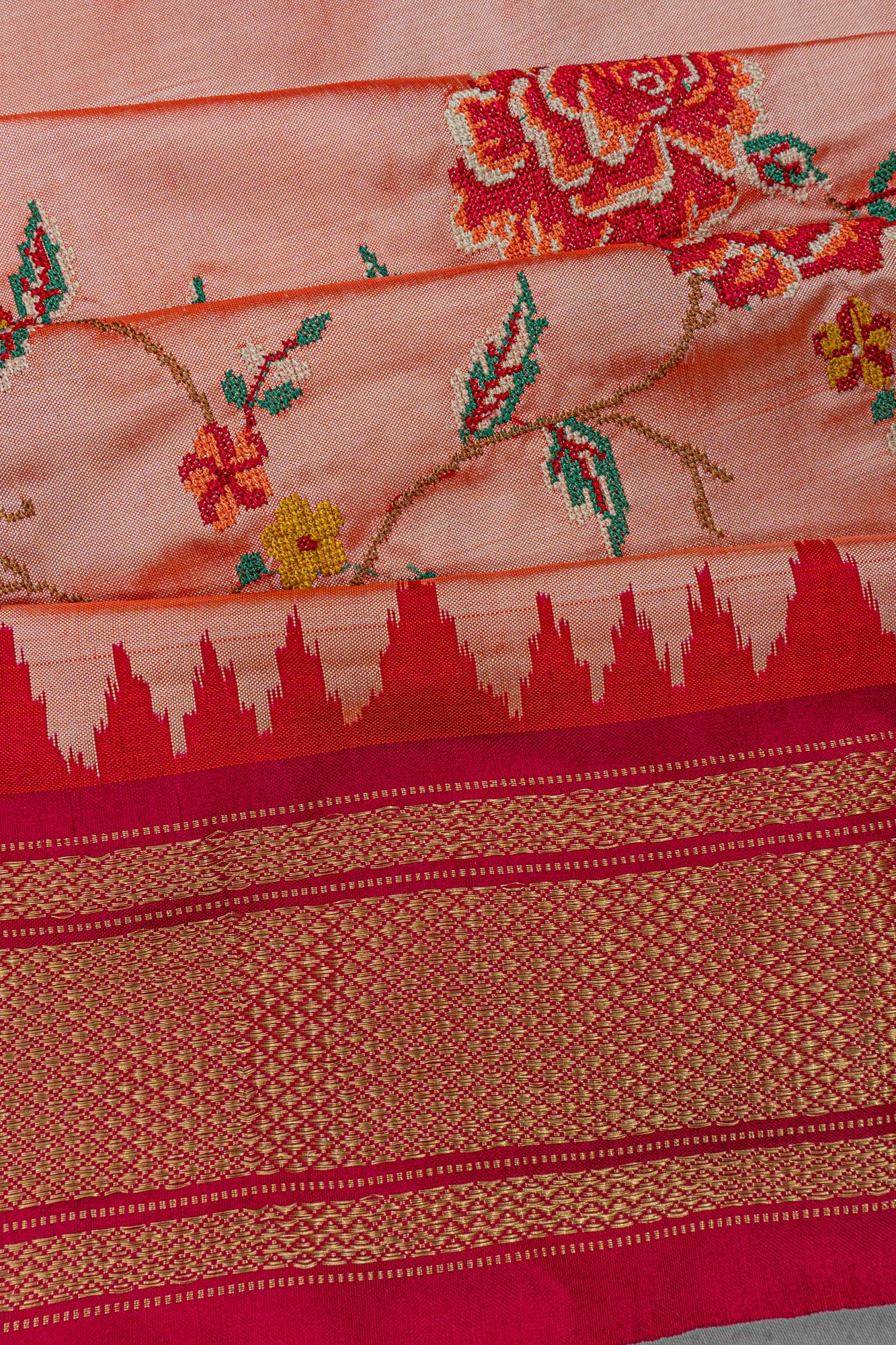 Kanchipuram Silk Ikat Floral Embroidery Baby Pink Saree With Ikat Blouse