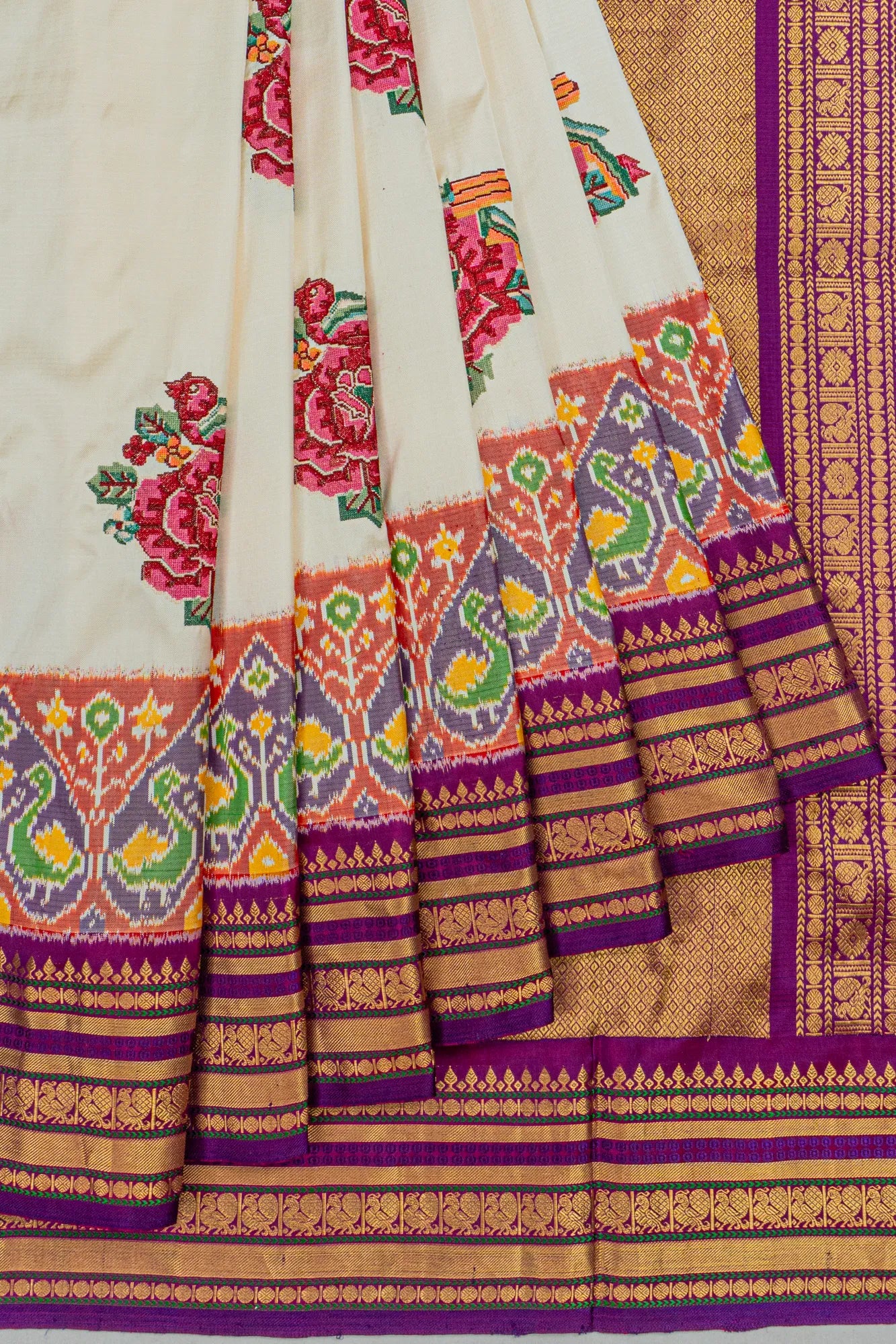 Kanchipuram Silk Ikat Floral Embroidery White Saree With Ikat Blouse
