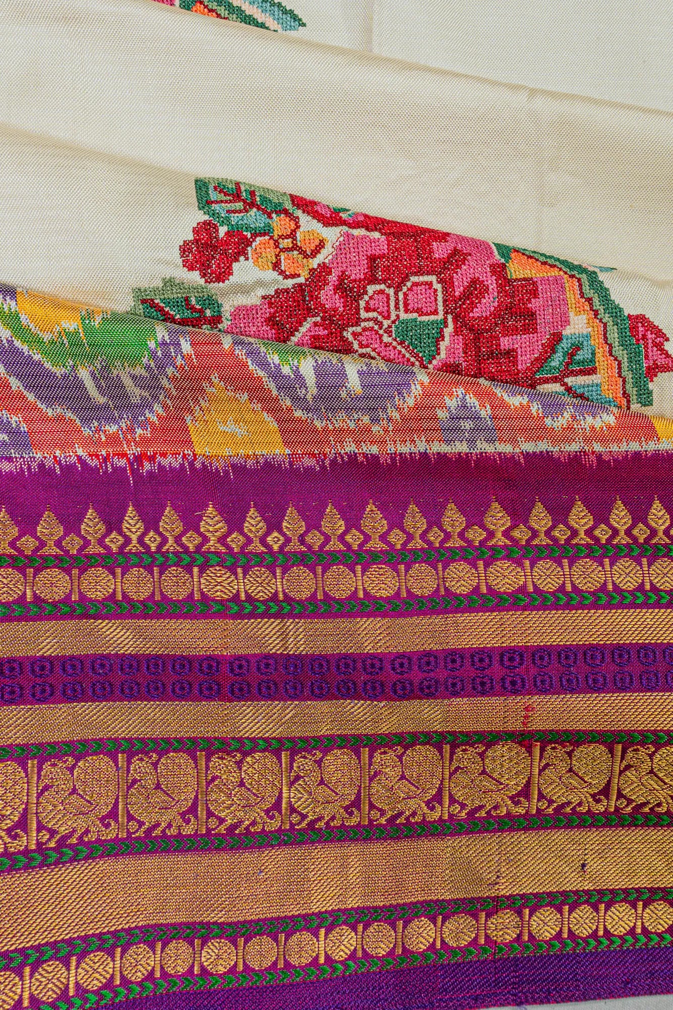 Kanchipuram Silk Ikat Floral Embroidery White Saree With Ikat Blouse