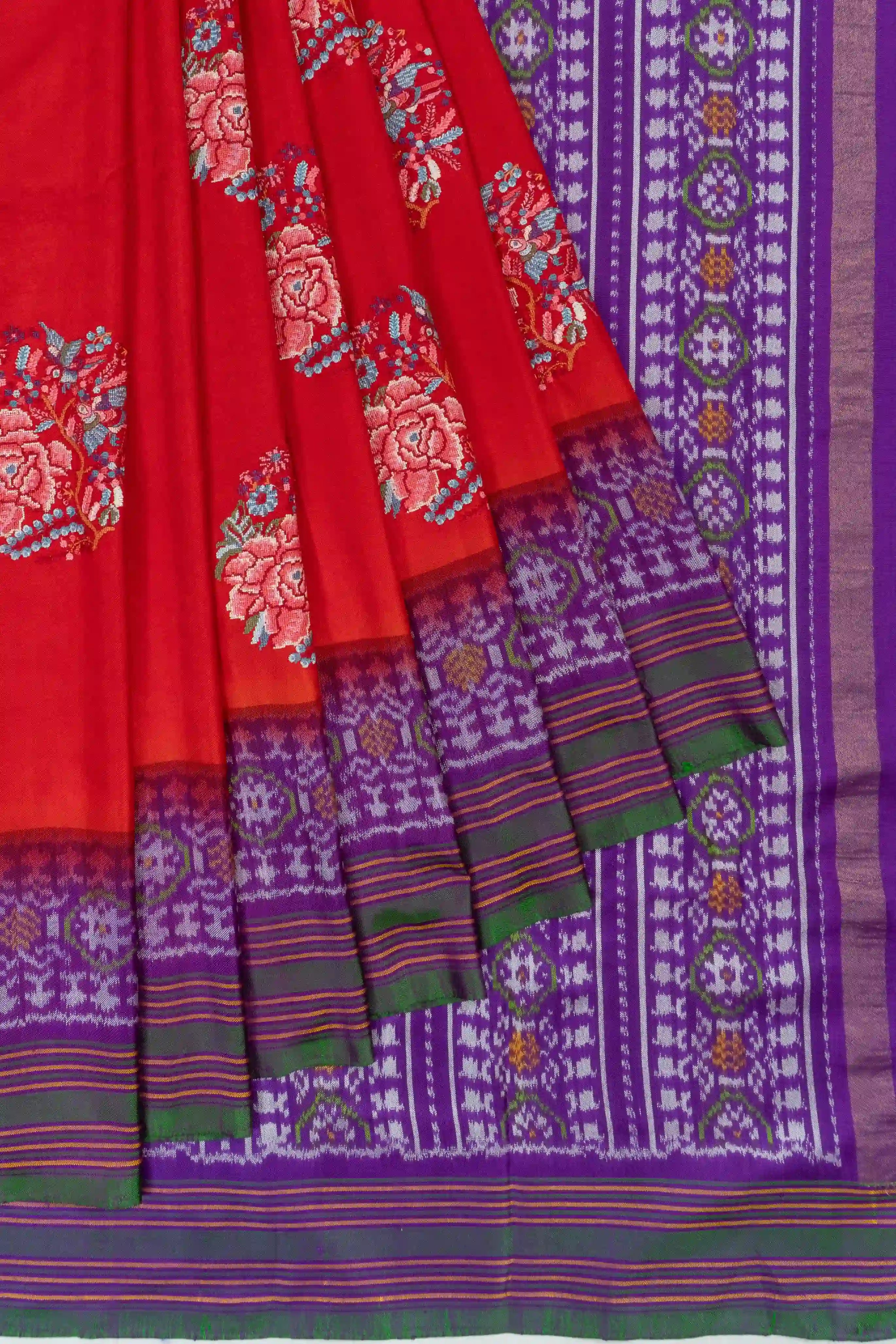 Pochampally Silk Ikat Embroidery Butta Red Saree With Ikat Border