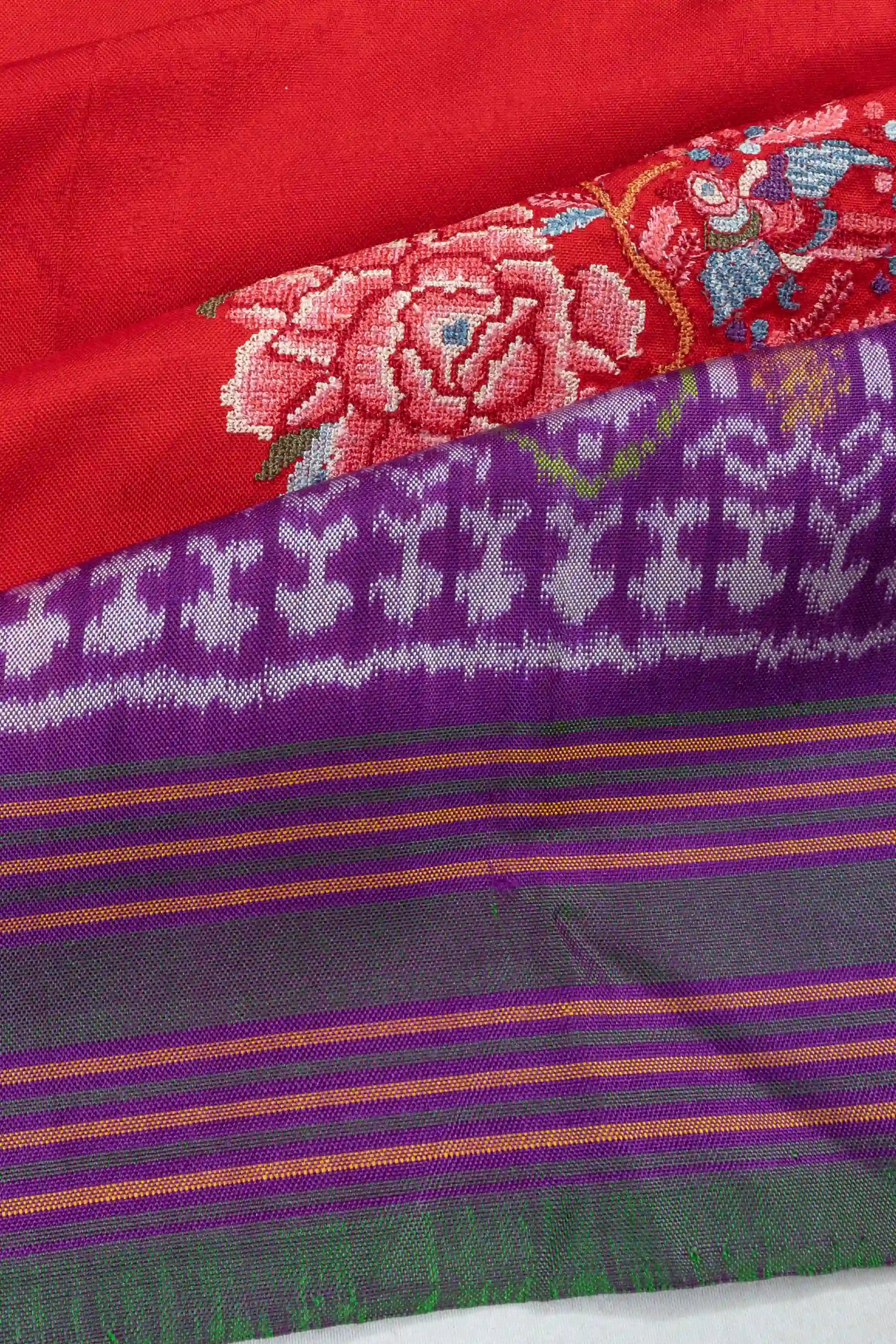 Pochampally Silk Ikat Embroidery Butta Red Saree With Ikat Border