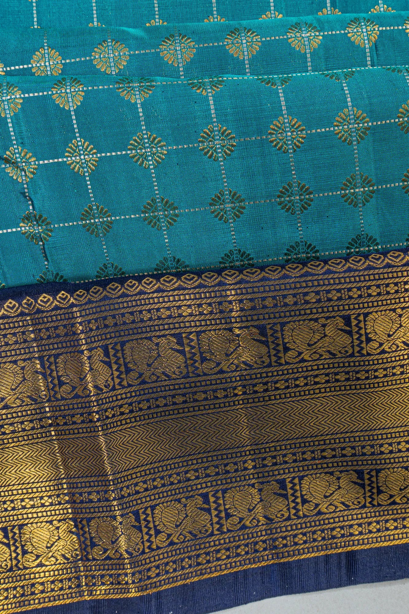 Classic Kanchipuram Silk Checks And Butta Sky Blue Saree