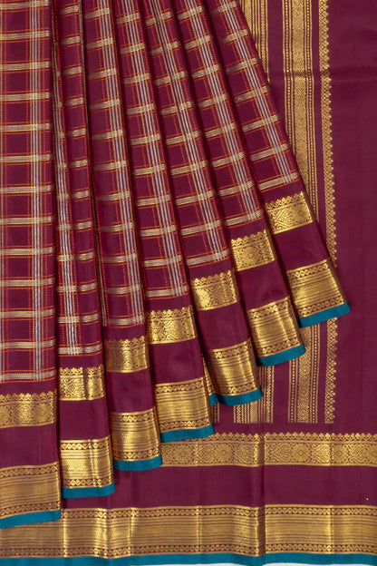 Classic Kanchipuram Silk Checks Purple Saree With Rettai Pettu Border