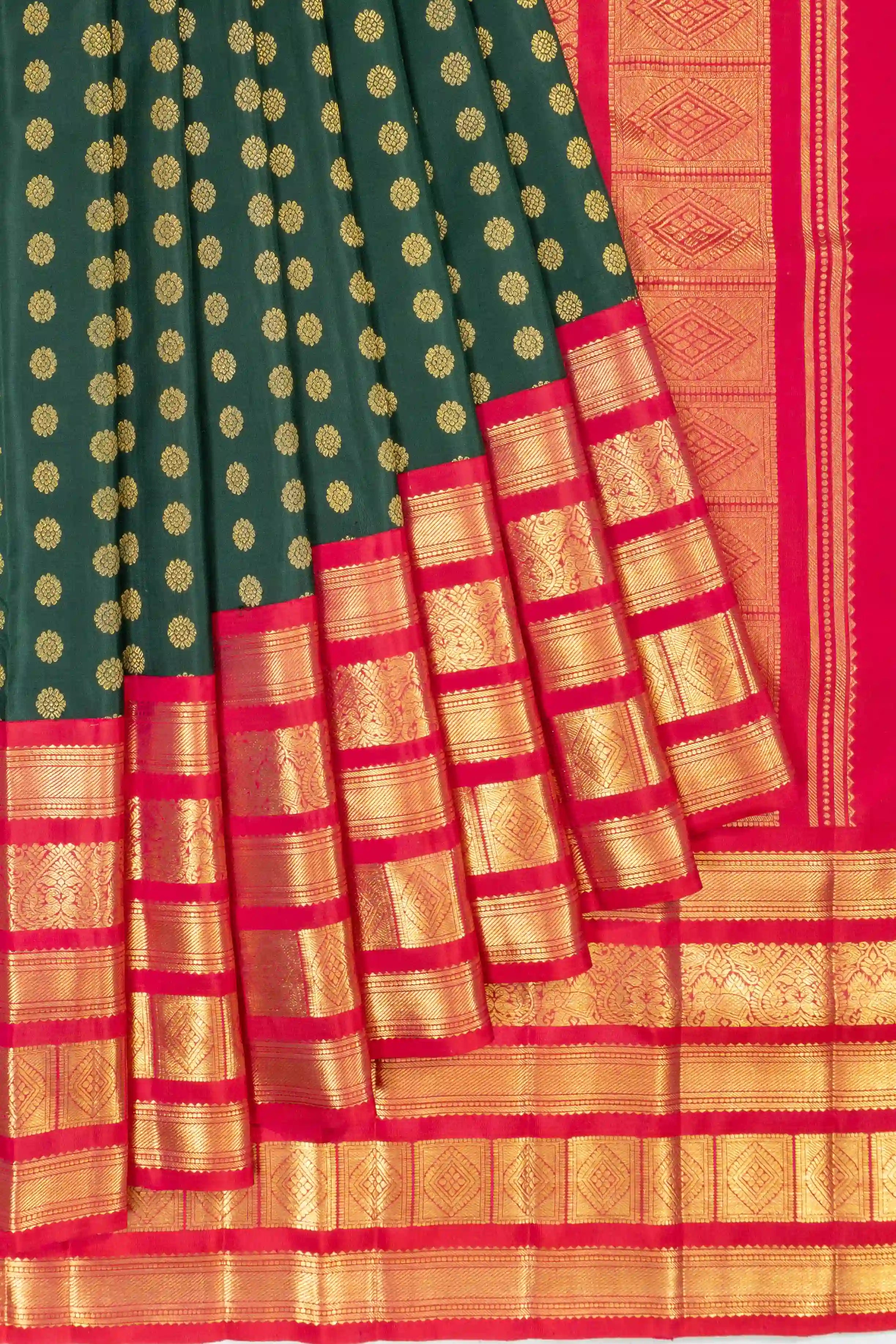 Classic Kanchipuram Silk Butta Bottle Green Saree With Big Border