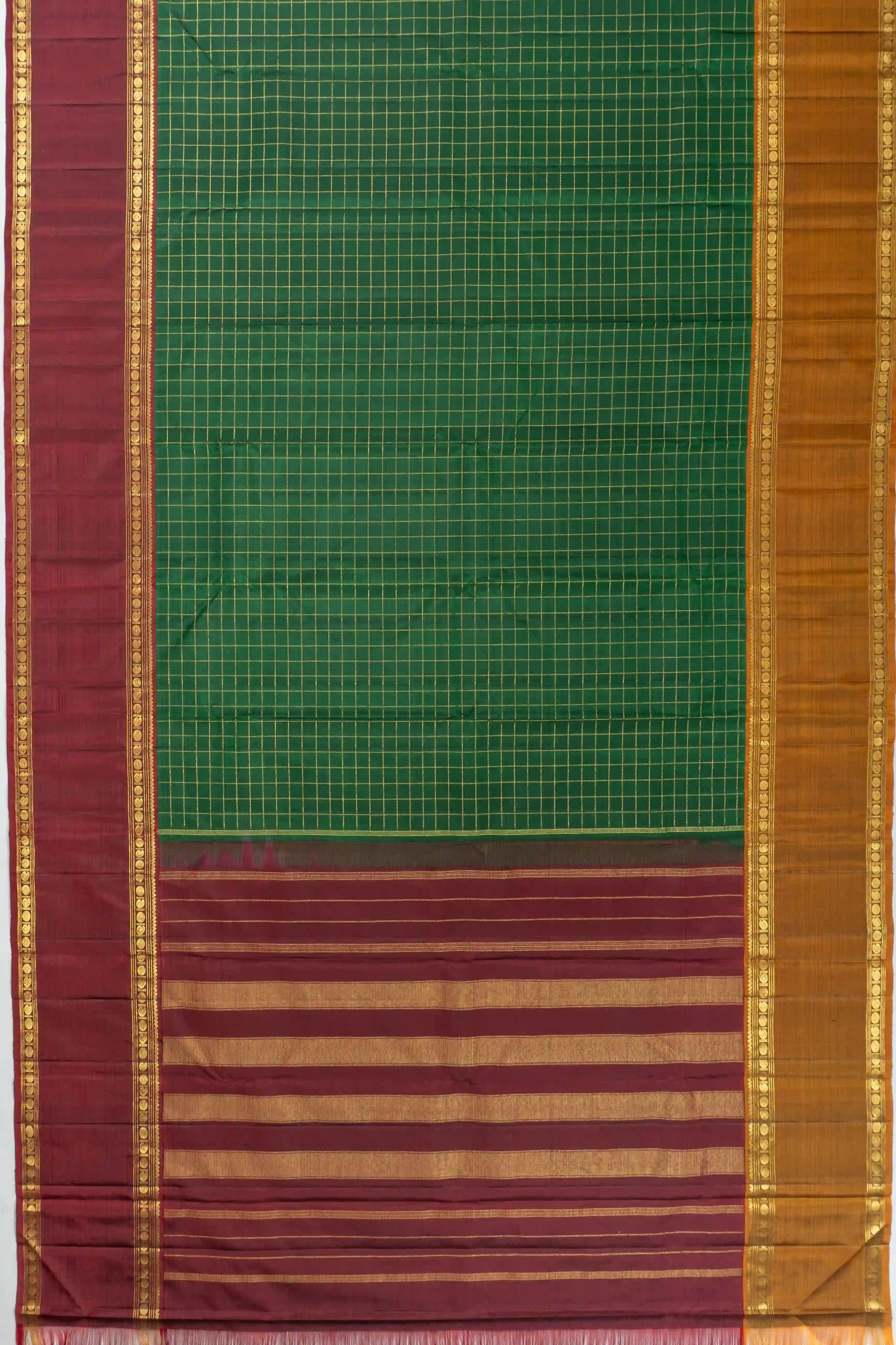 Classic Classic Kanchipuram Silk Checks Dark Green Saree With Ganga Jamuna Border