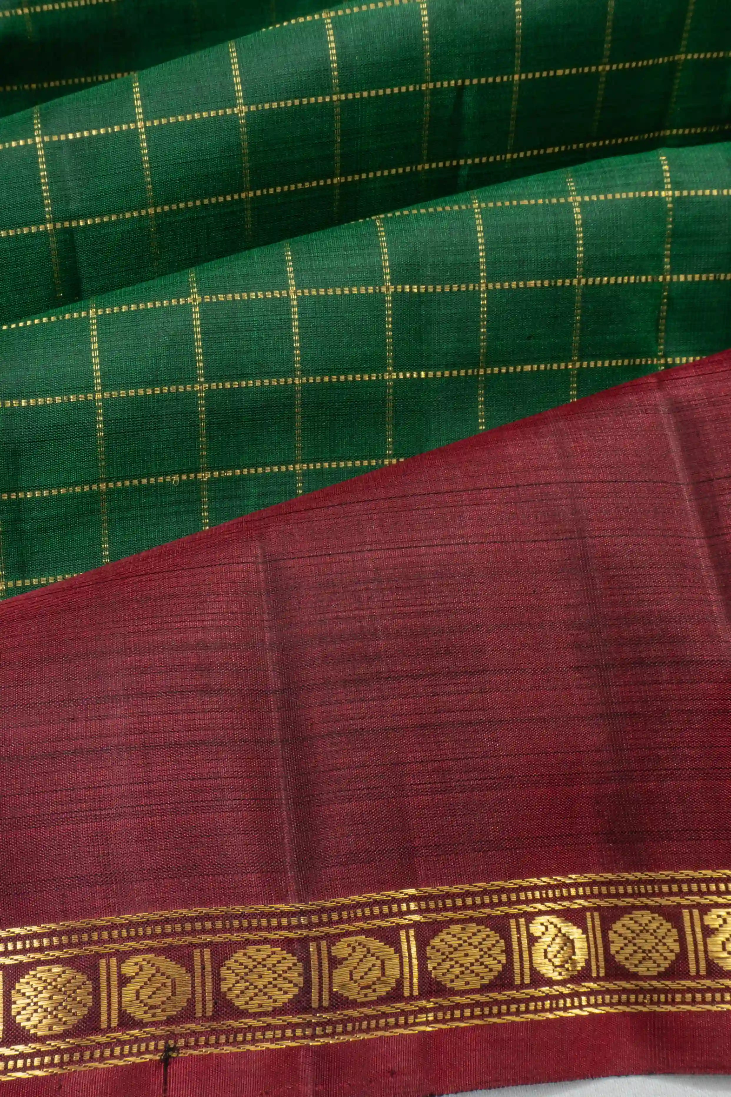 Classic Classic Kanchipuram Silk Checks Dark Green Saree With Ganga Jamuna Border