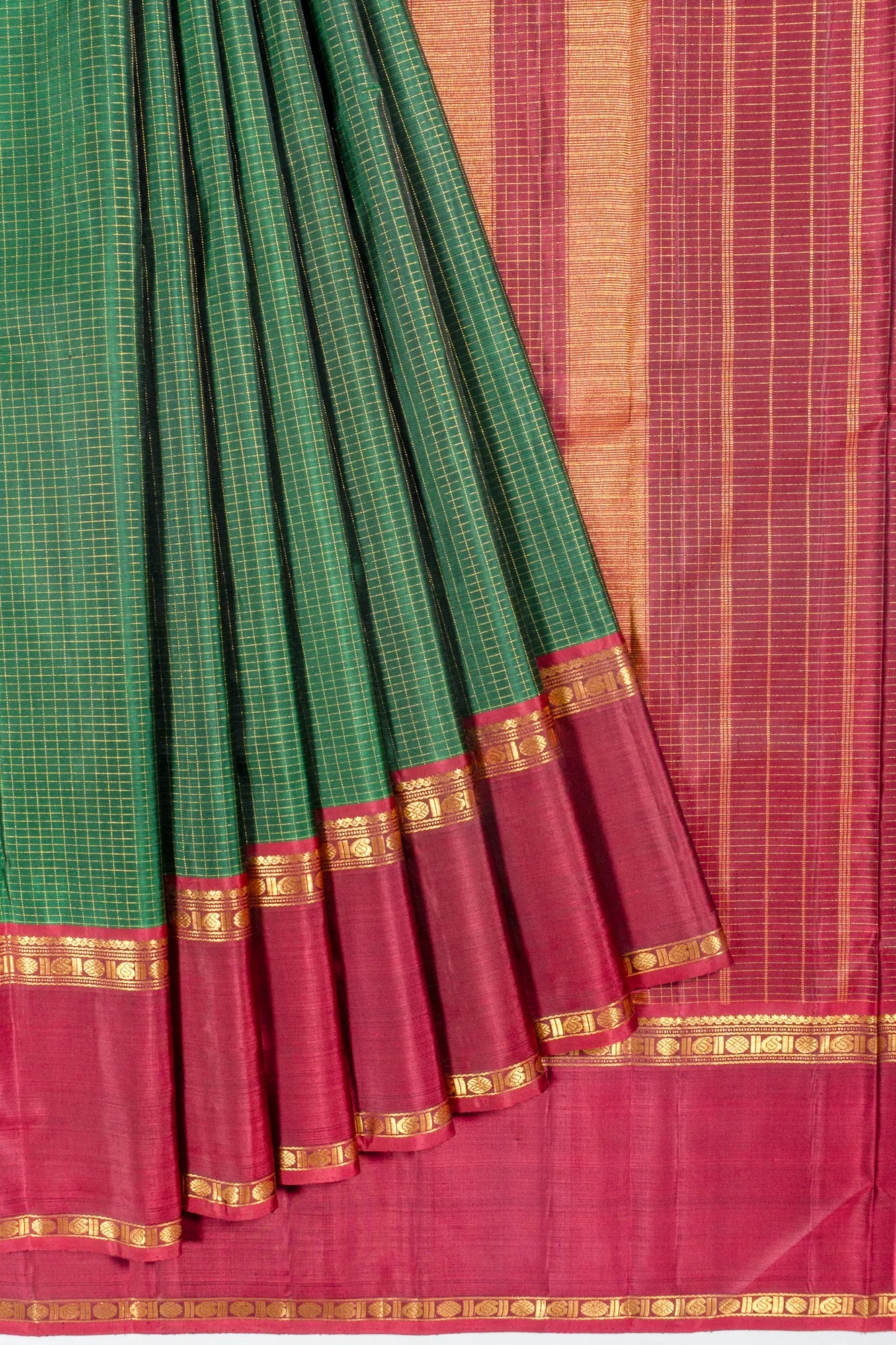 Classic Kanchipuram Silk Checks Dark Green Saree With Ganga Jamuna Border