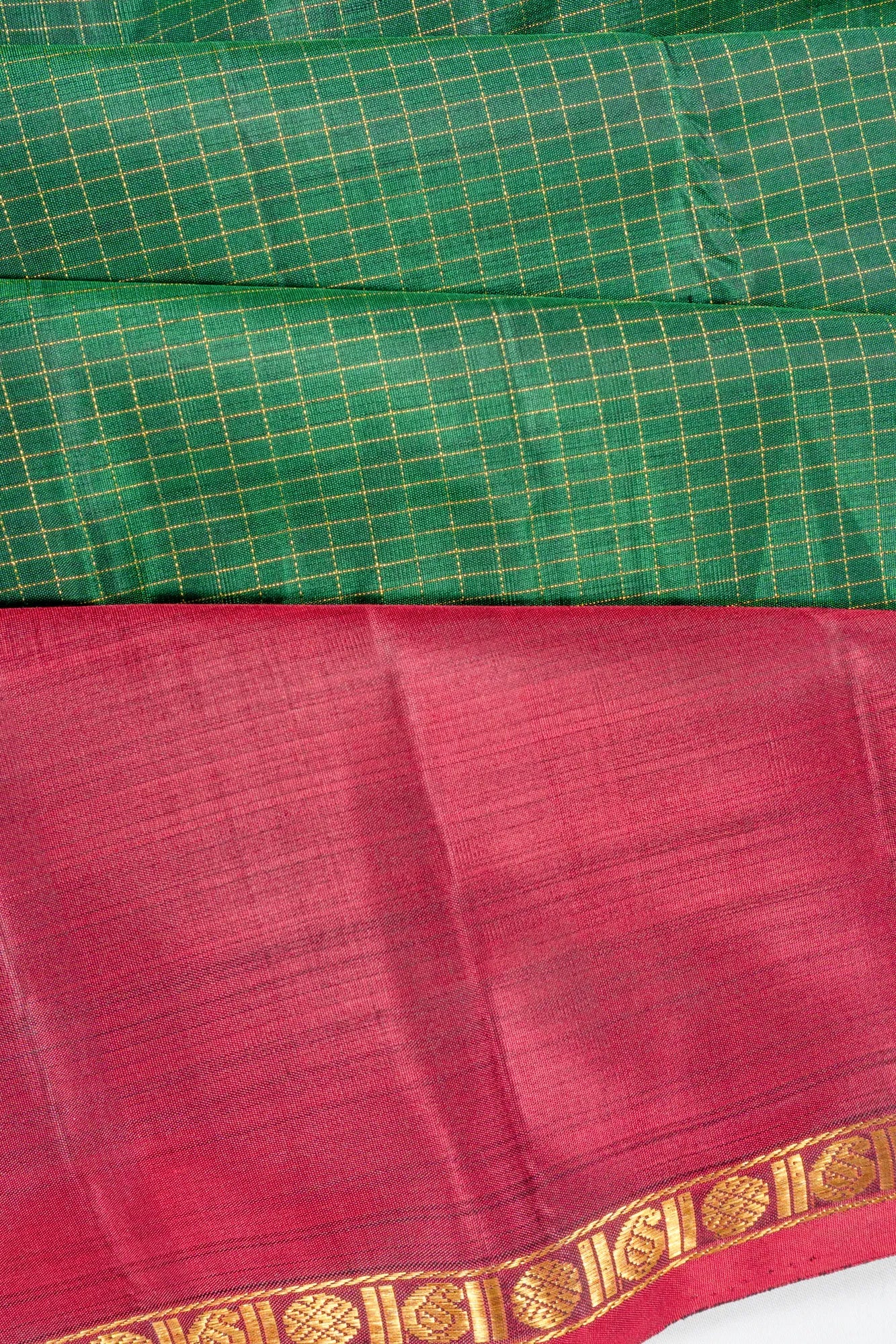 Classic Kanchipuram Silk Checks Dark Green Saree With Ganga Jamuna Border