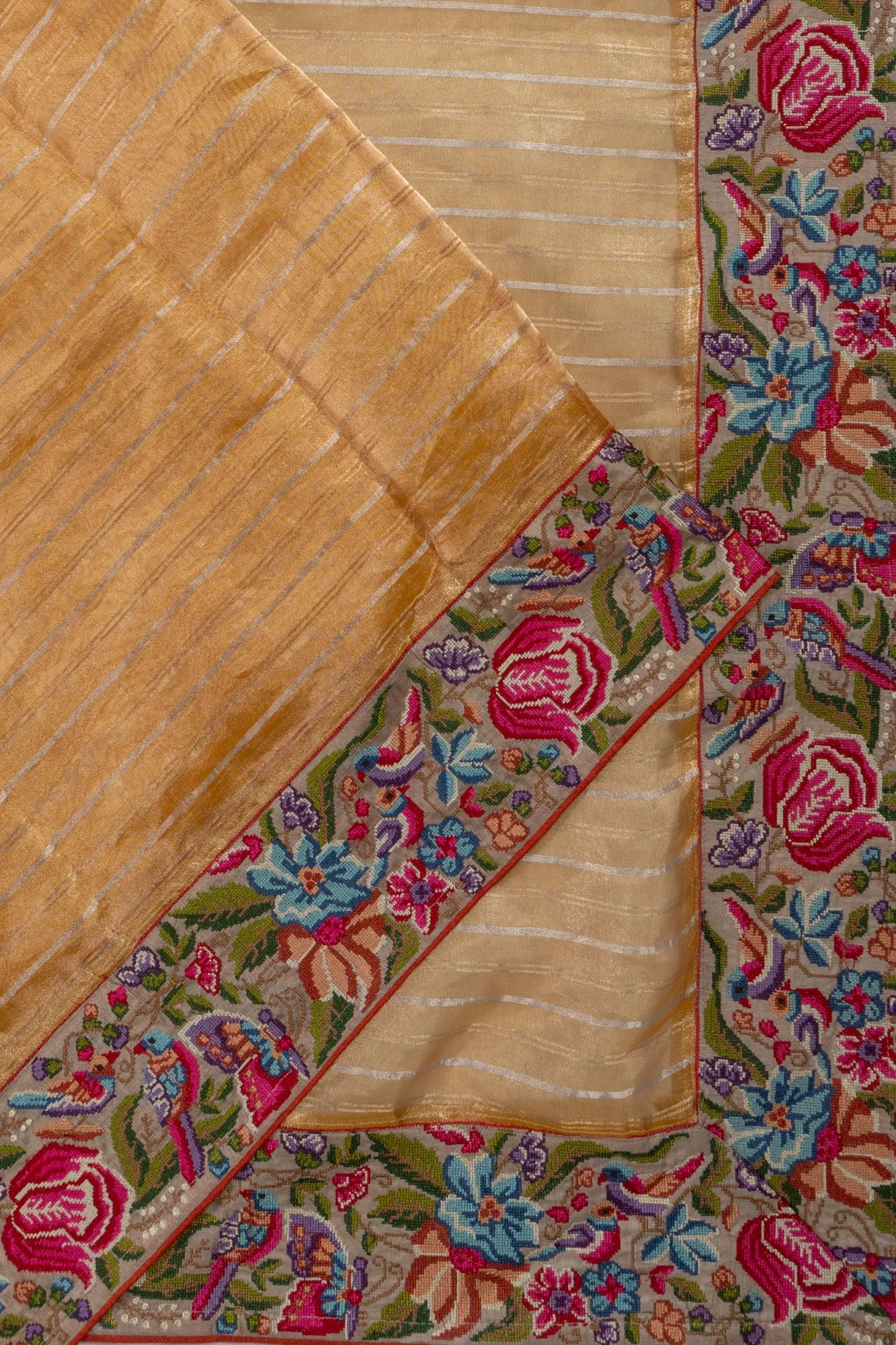 Organza Tissue Lines Gold Saree With Embroidery Border