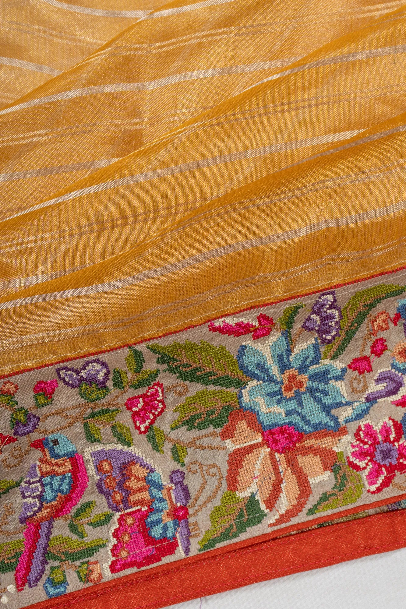 Organza Tissue Lines Gold Saree With Embroidery Border