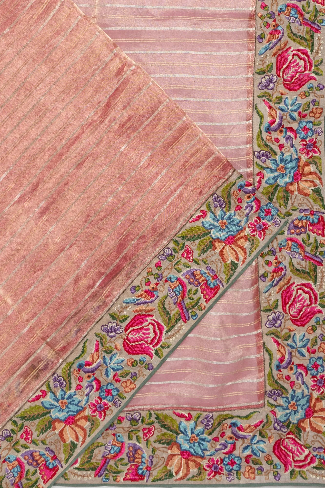 Organza Tissue Lines Pink Saree With Embroidery Border