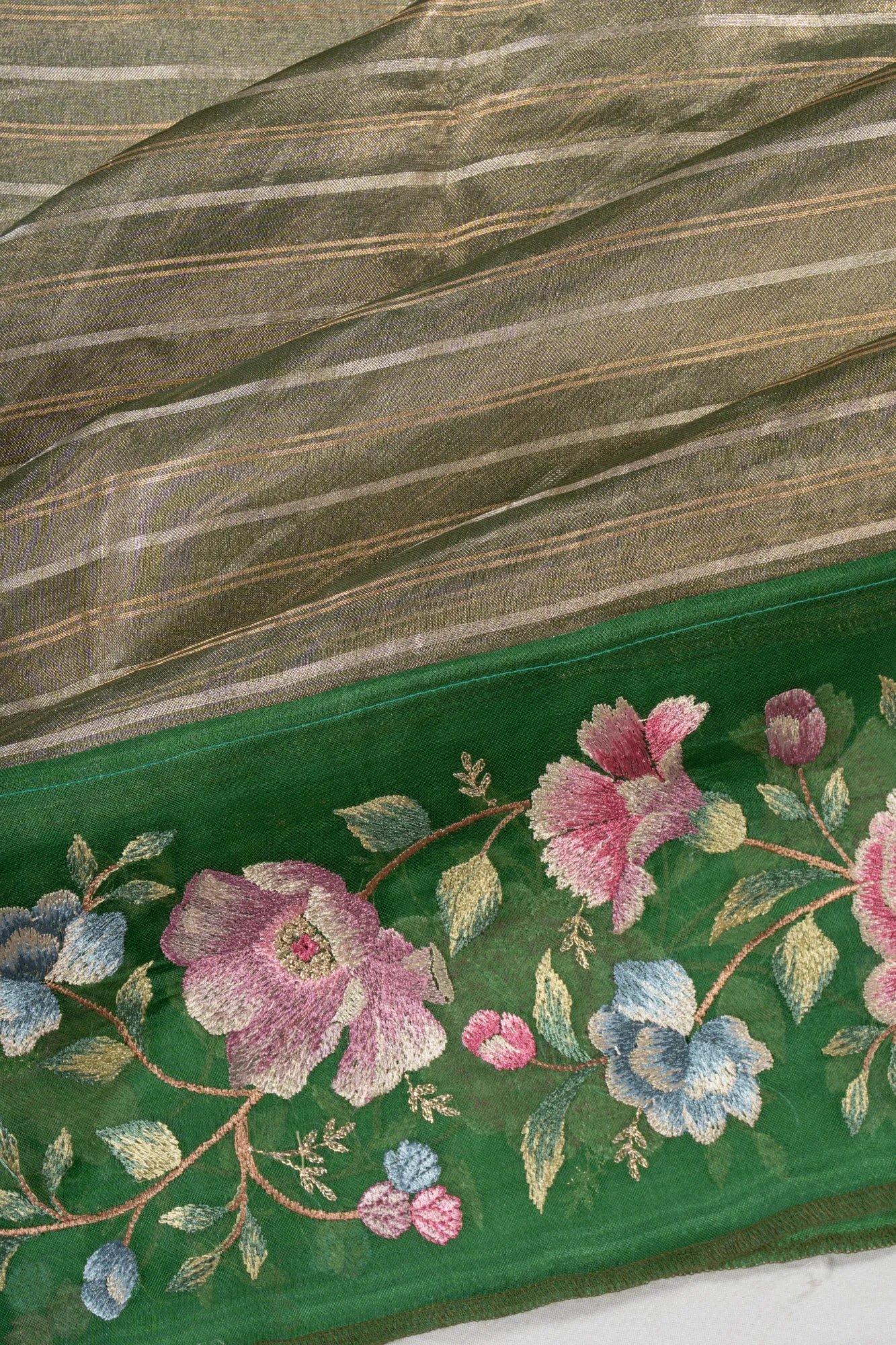 Organza Tissue Lines Green Saree With Embroidery Border