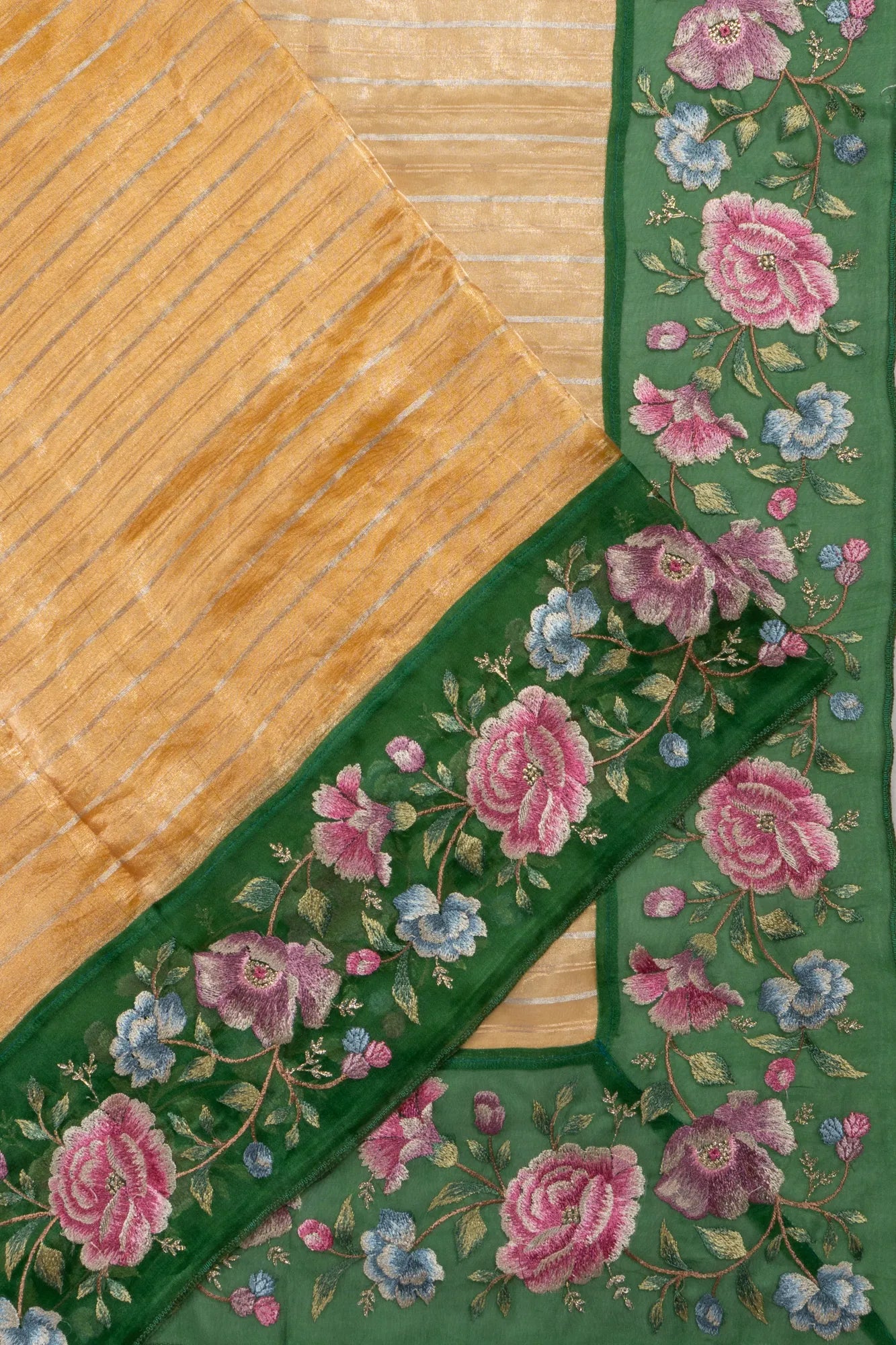 Organza Tissue Lines Gold Saree With Embroidery Border