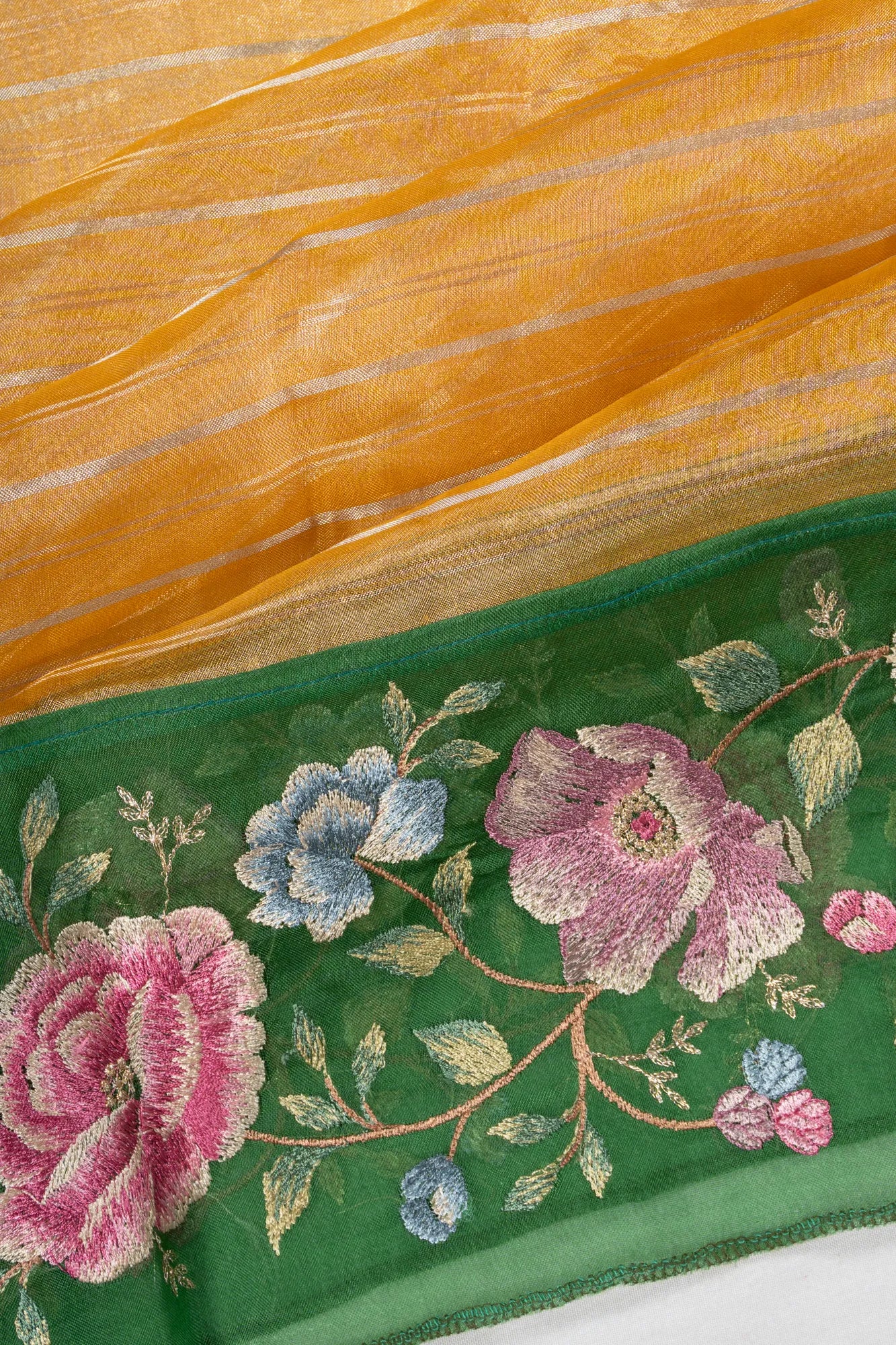 Organza Tissue Lines Gold Saree With Embroidery Border