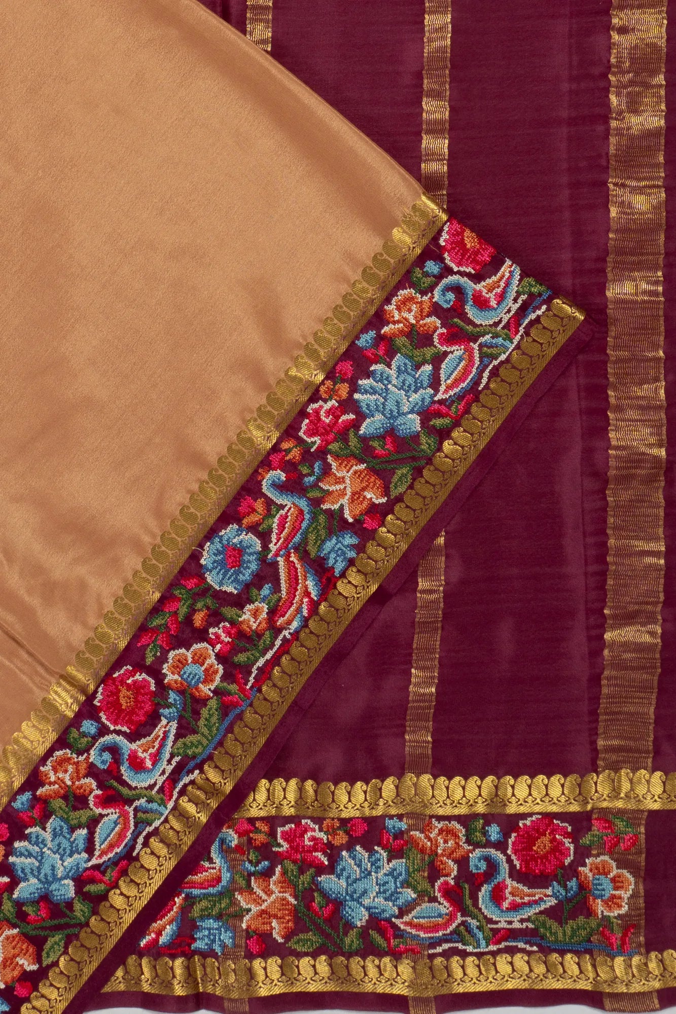 Mysore Silk Plain Beige Saree With Embroidery Border