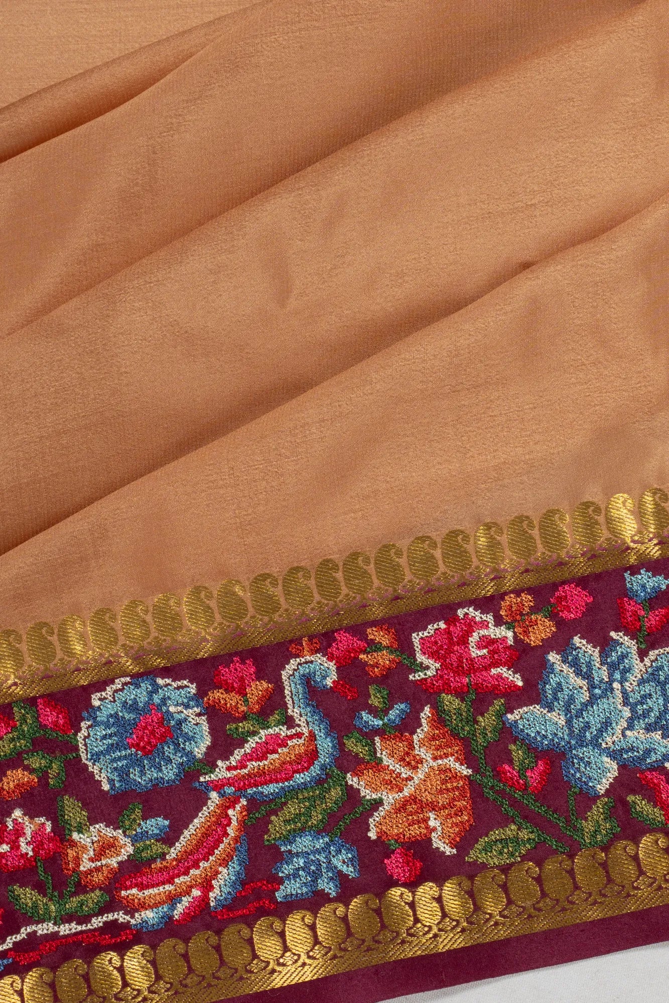 Mysore Silk Plain Beige Saree With Embroidery Border