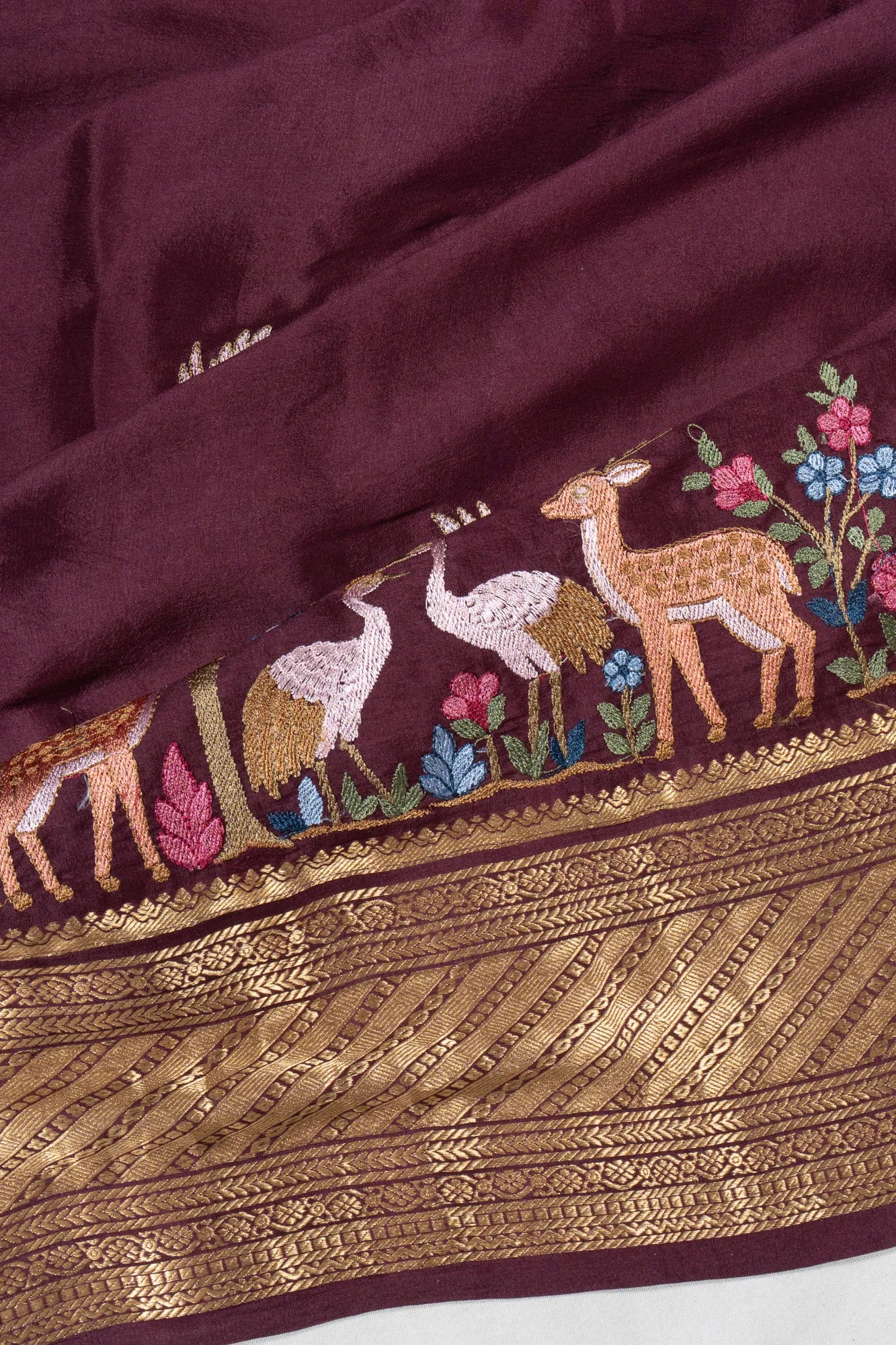 Mysore Silk Embroidery Butta Maroon Saree