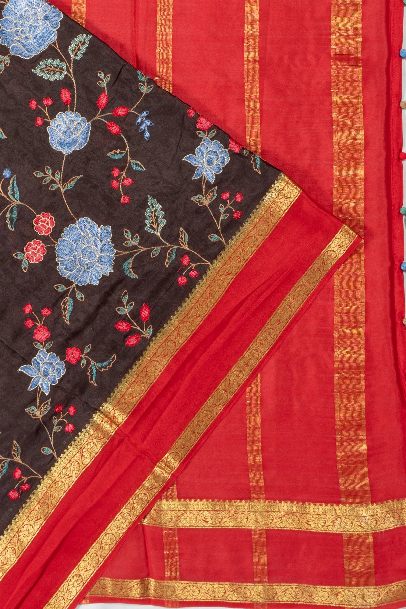 Mysore Silk Embroidery Dark Brown Saree