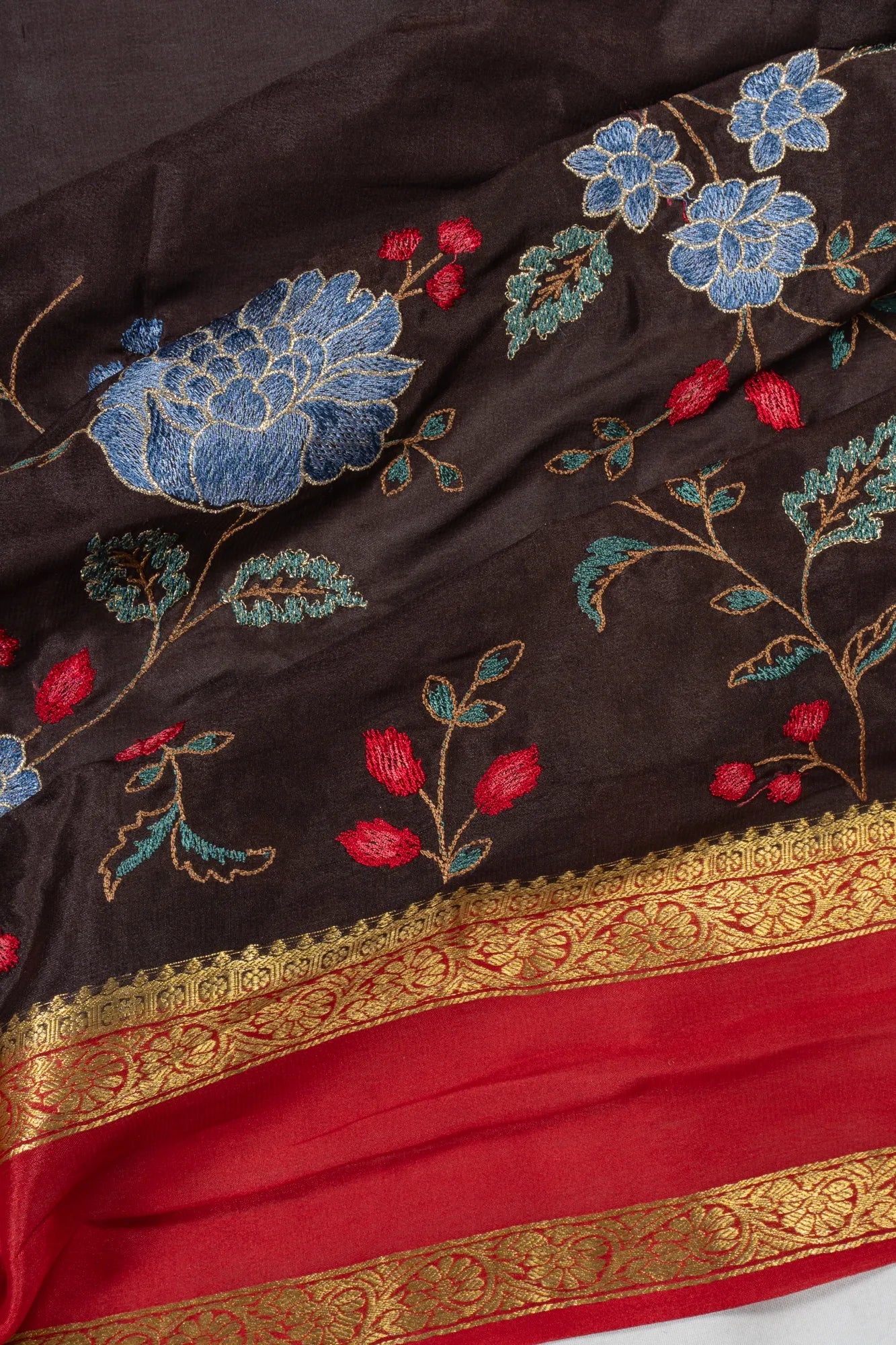 Mysore Silk Embroidery Dark Brown Saree