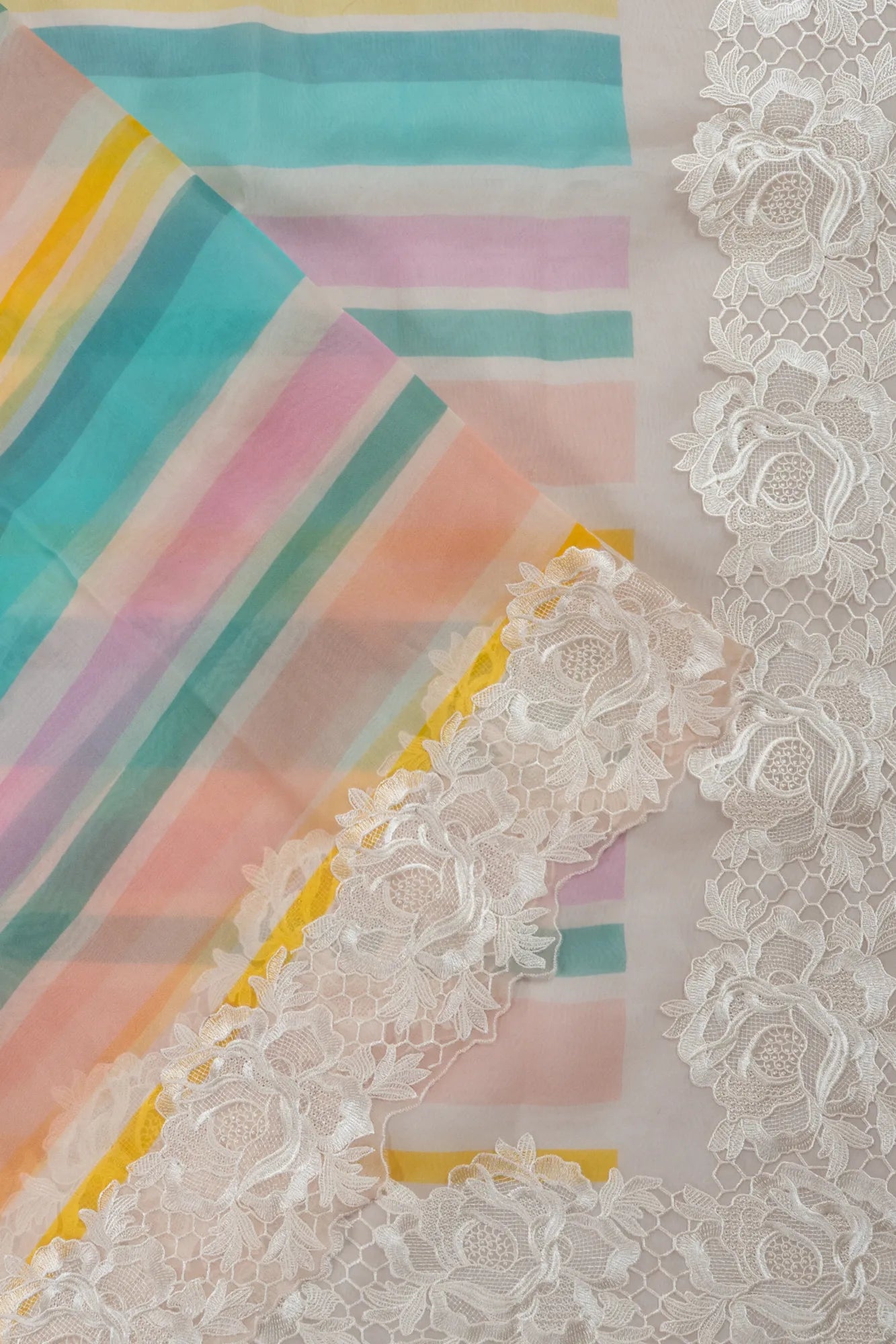 Organza Lines Multicolour Saree With Embroidery Scallop Border