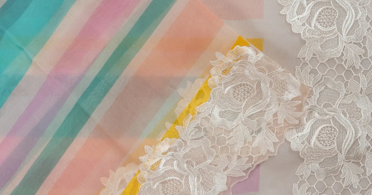 Organza Lines Multicolour Saree With Embroidery Scallop Border
