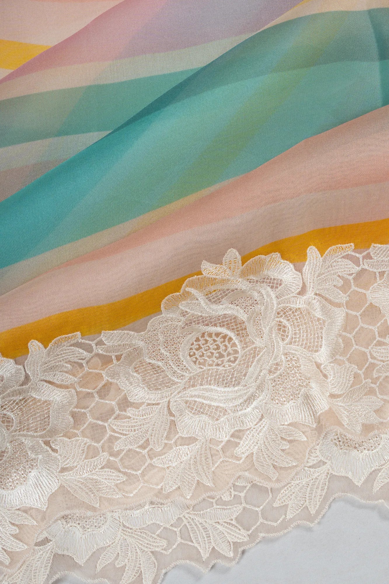 Organza Lines Multicolour Saree With Embroidery Scallop Border