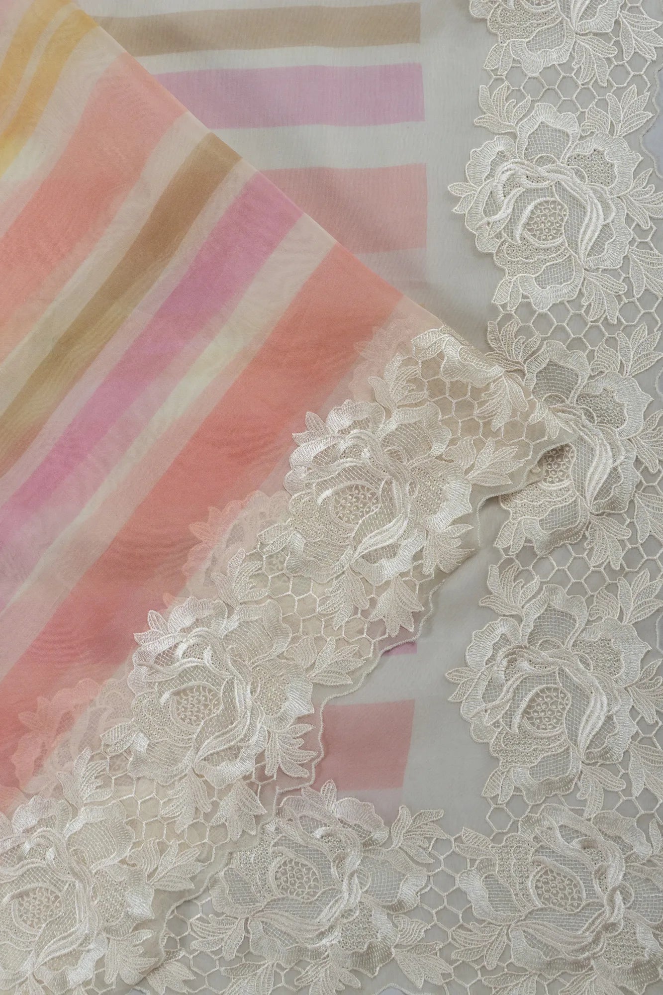 Organza Lines Multicolour Saree With Embroidery Scallop Border