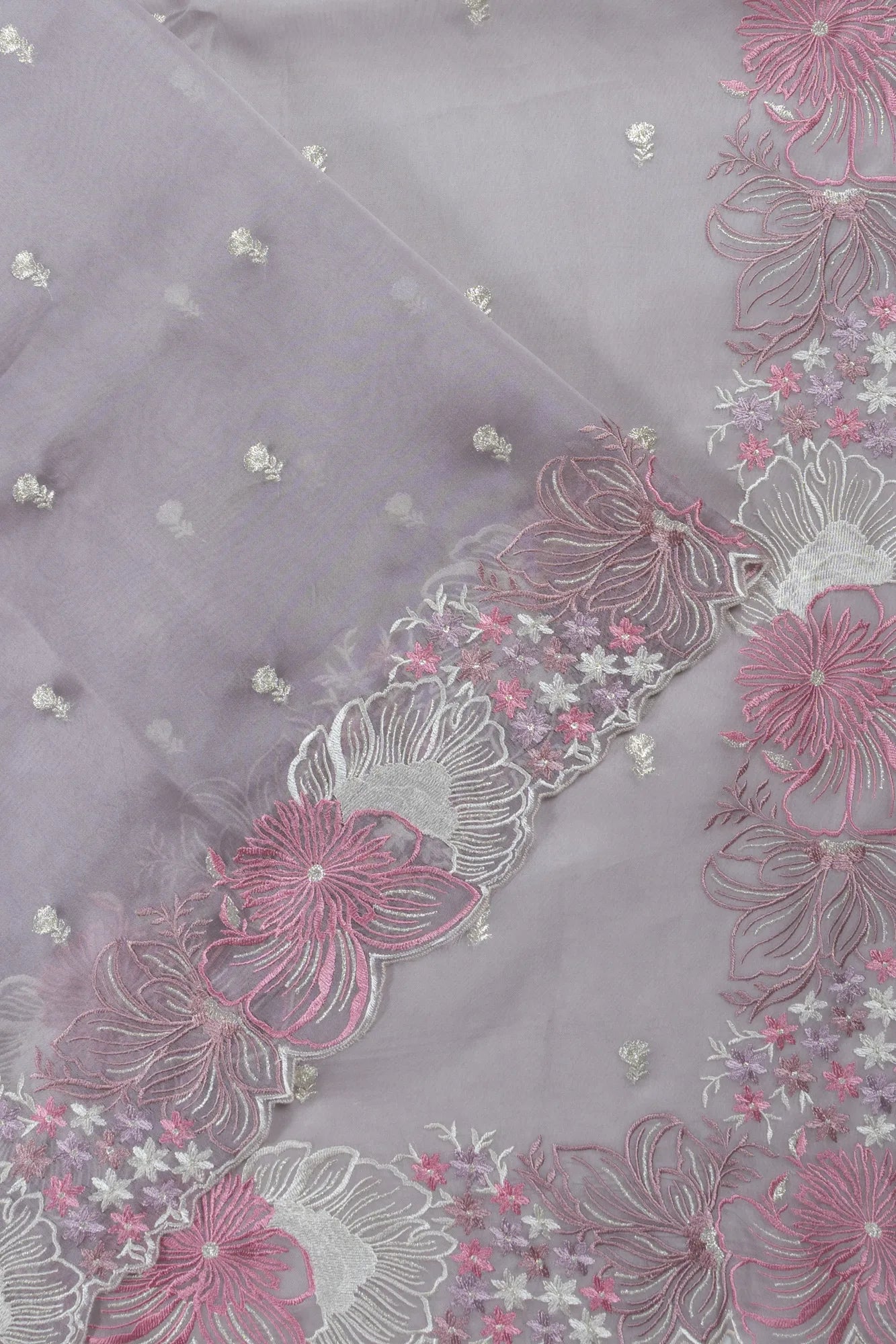 Organza Butta Lavender Saree With Embroidery Scallop Border