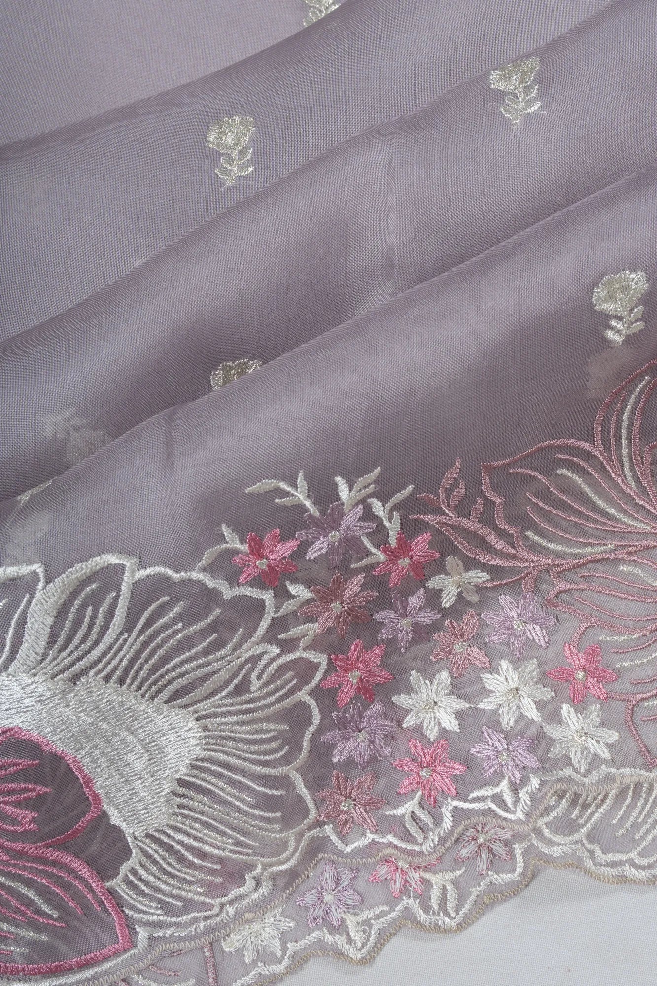 Organza Butta Lavender Saree With Embroidery Scallop Border