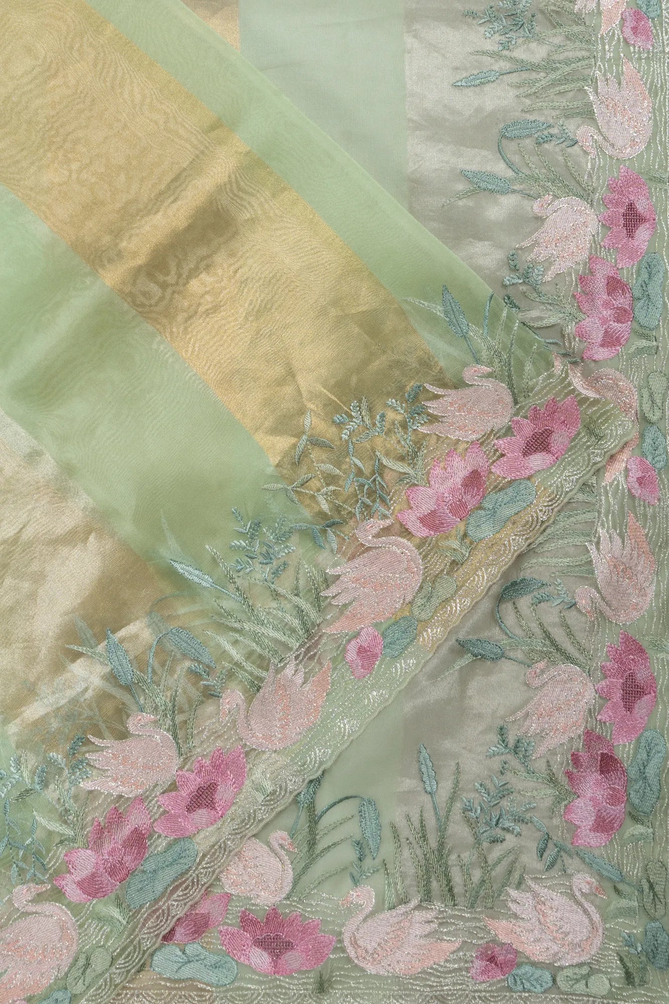 Organza Lines Pastel Green Saree With Embroidery Border