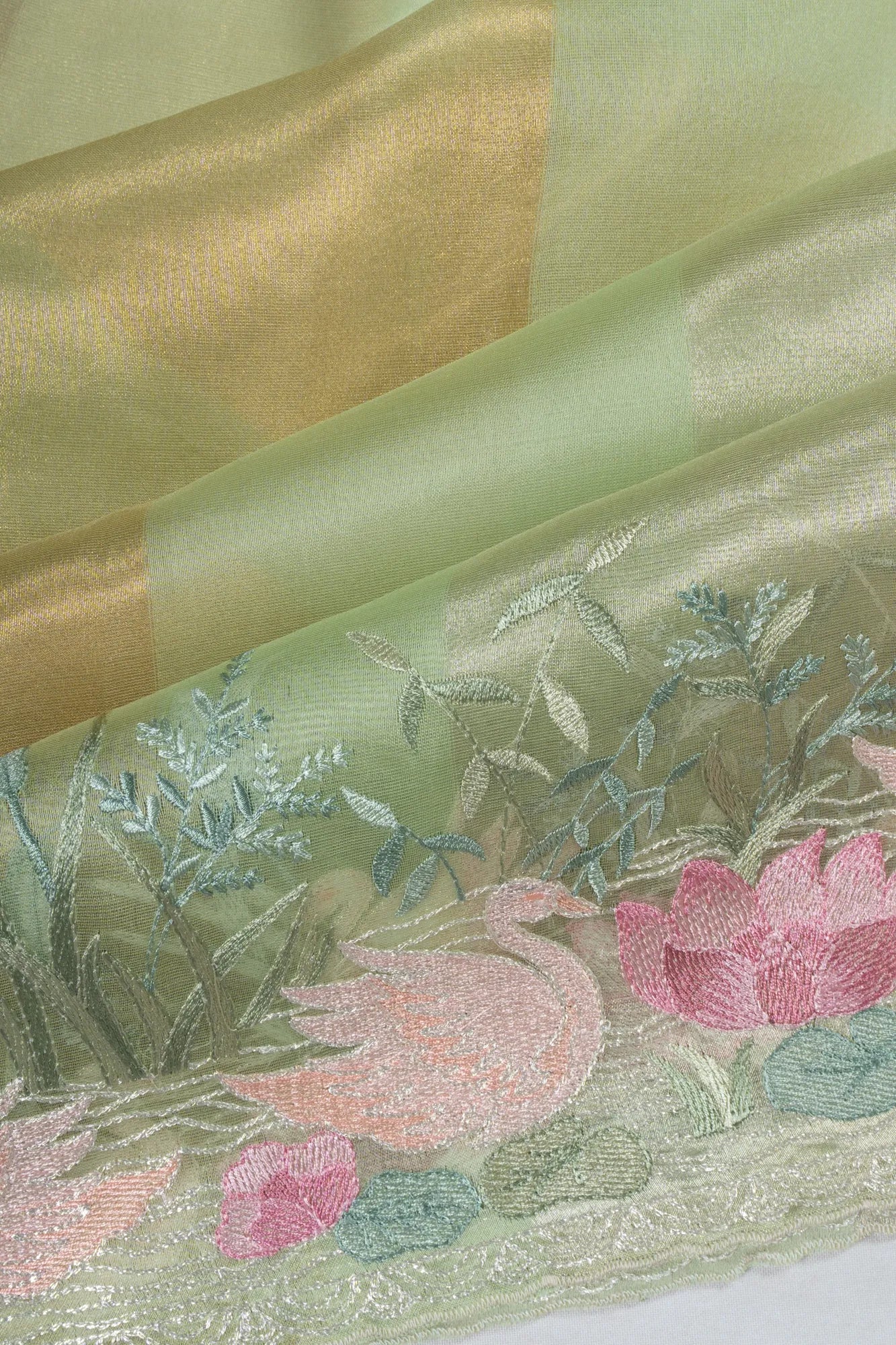 Organza Lines Pastel Green Saree With Embroidery Border