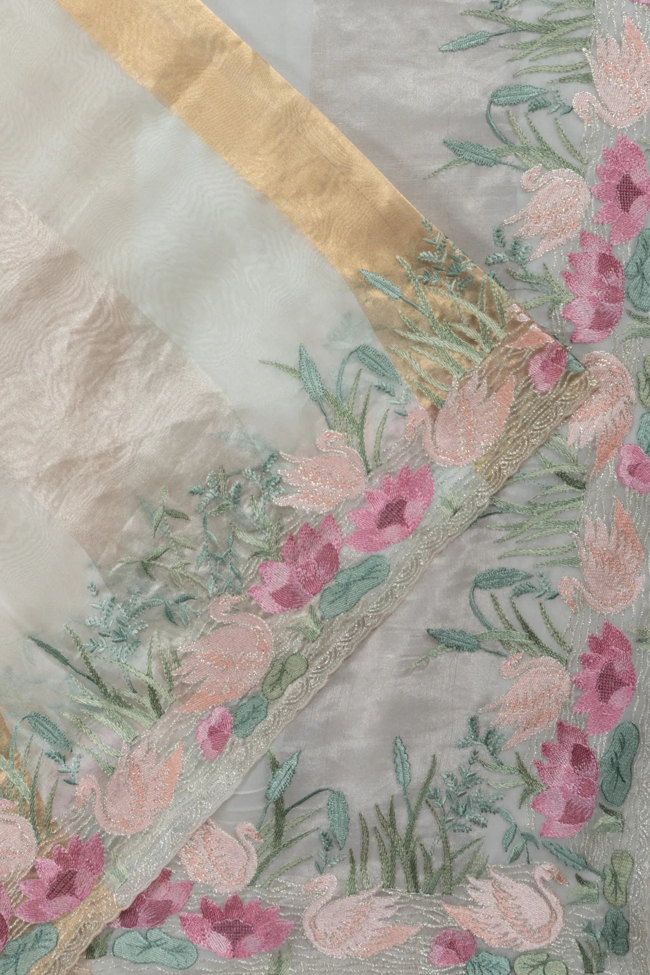 Organza Lines White Saree With Embroidery Border