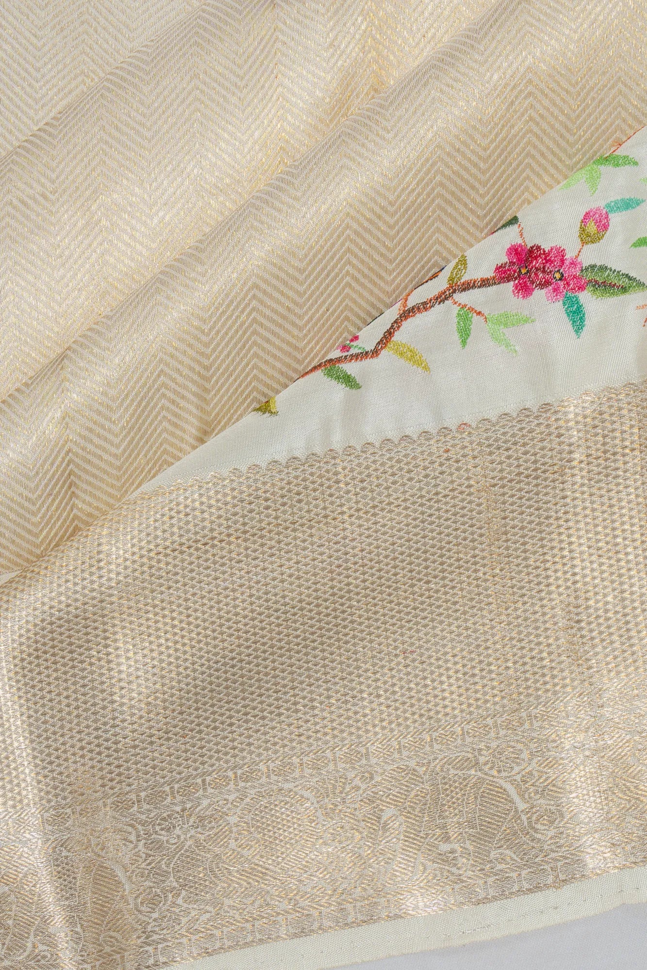 Petit Point X Kanchipuram Silk Tissue Brocade Cream Saree