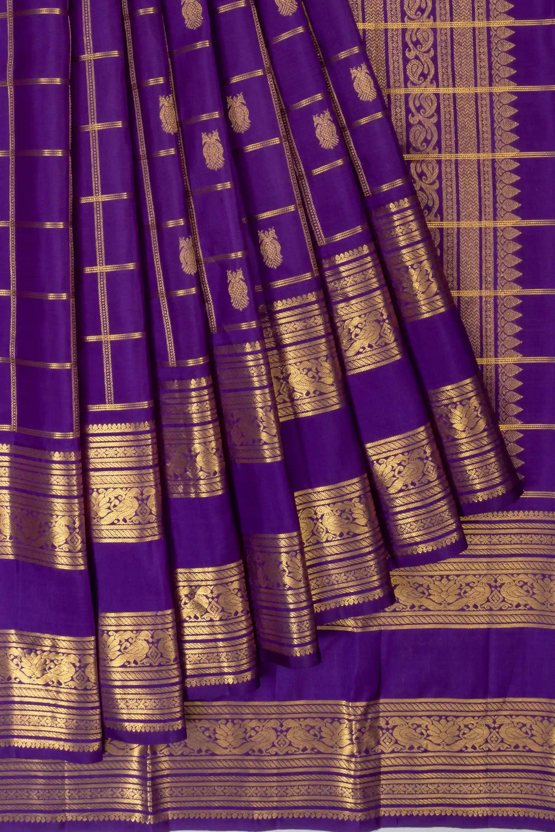 Classic Kanchipuram Silk Checks and Butta Violet Saree With Rettai Pettu Border