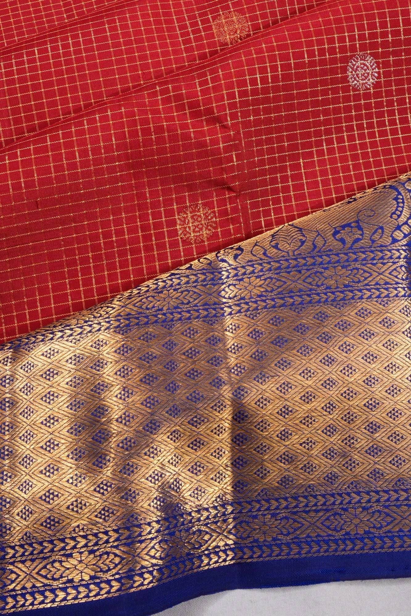 Classic Kanchipuram Silk Checks And Butta Red Saree