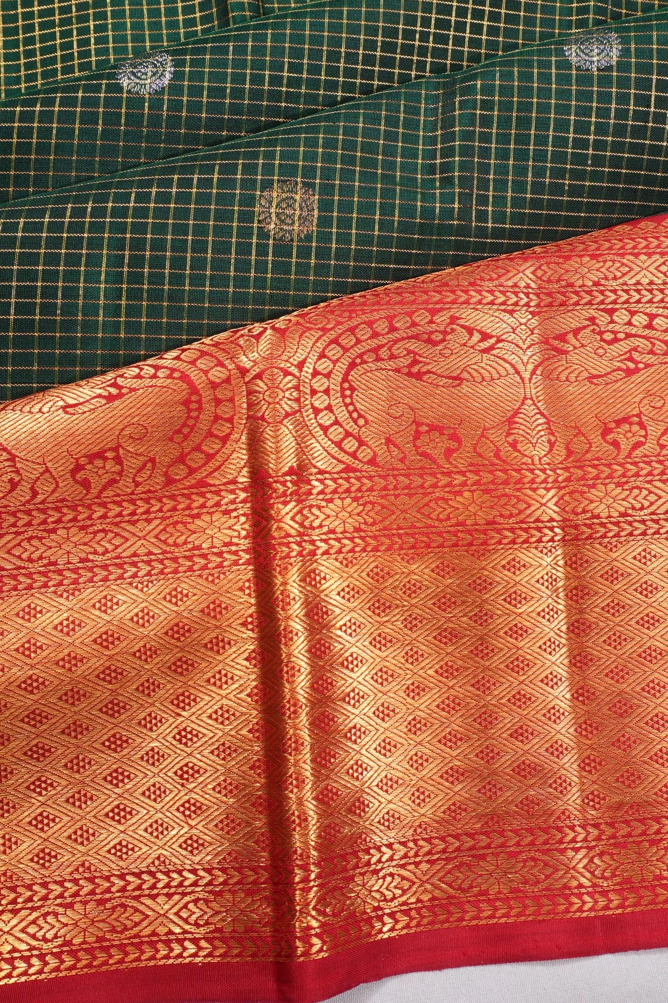 Classic Kanchipuram Silk Checks And Butta Green Saree