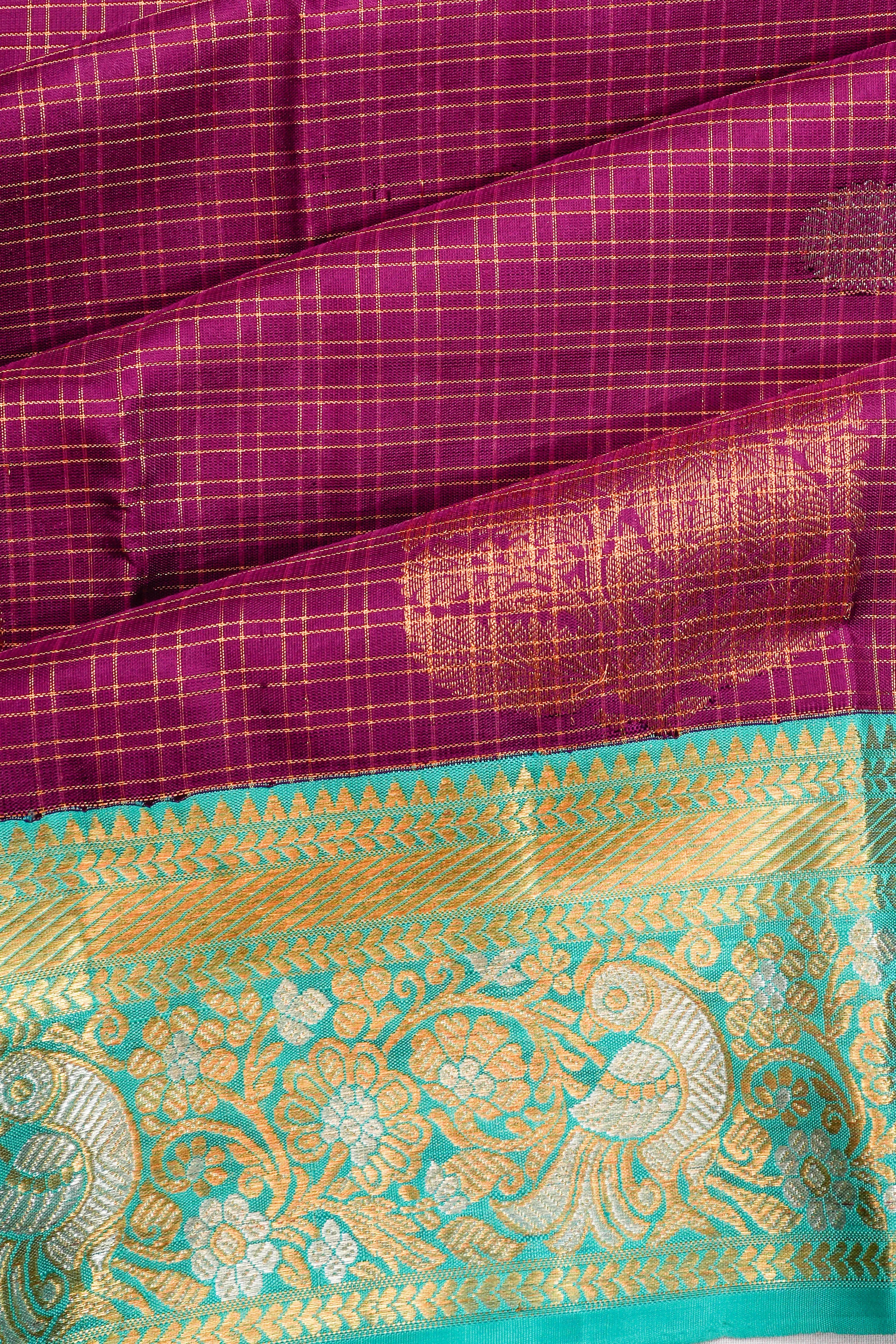 Kanchipuram Silk Checks And Butta Purple Saree