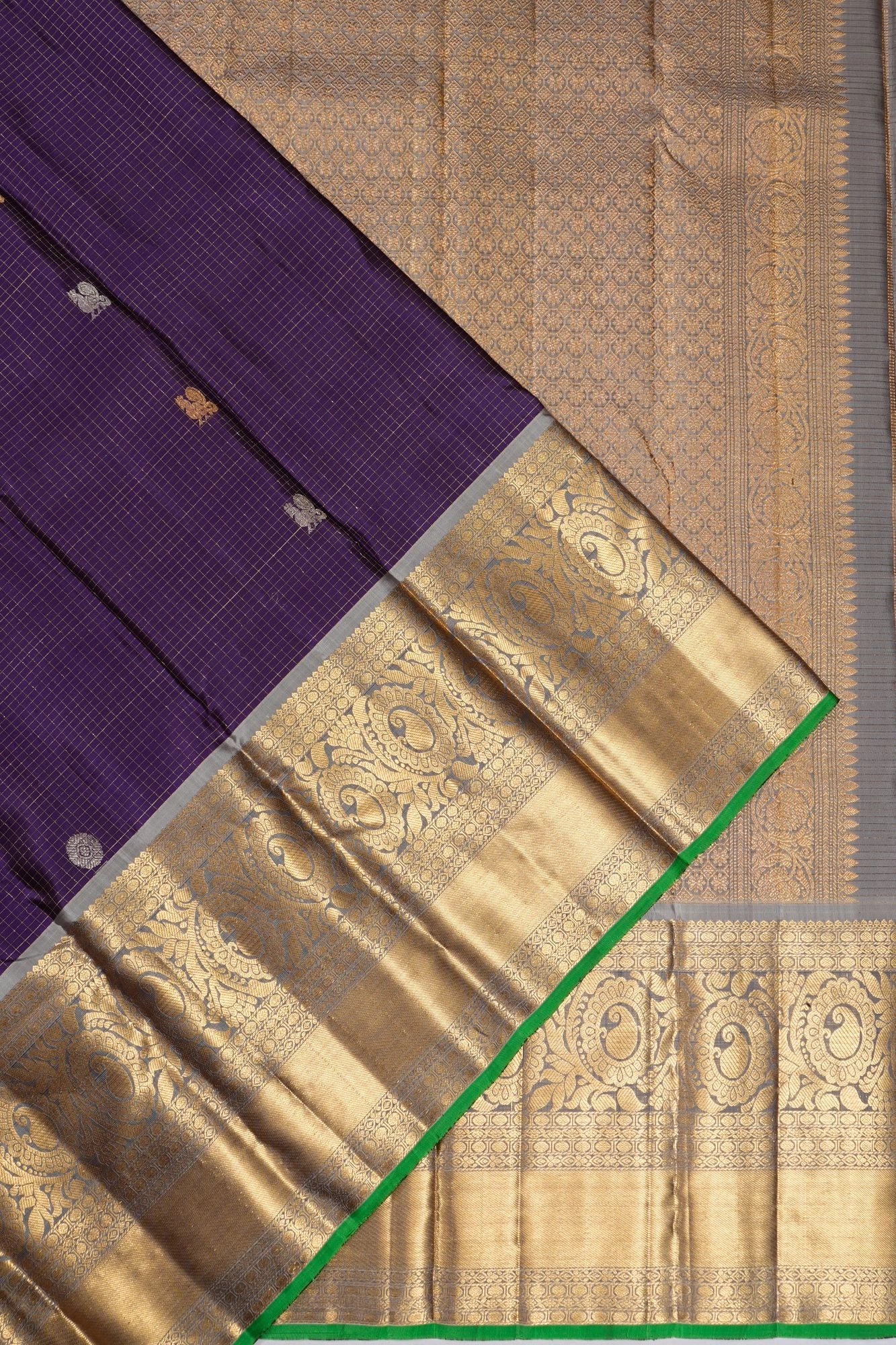 Kanchipuram Silk Checks And Butta Purple Saree