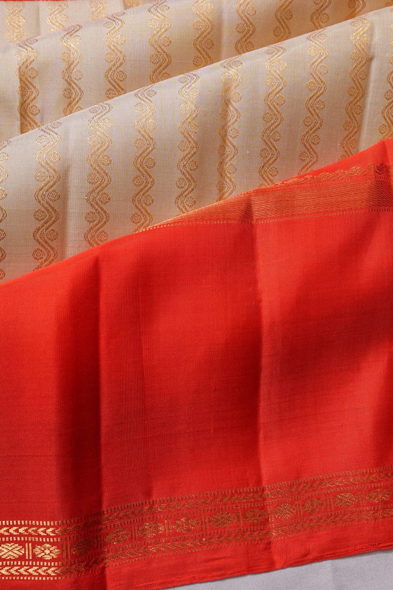 Kanchipuram Silk Brocade Cream Saree With Rettai Pettu Border